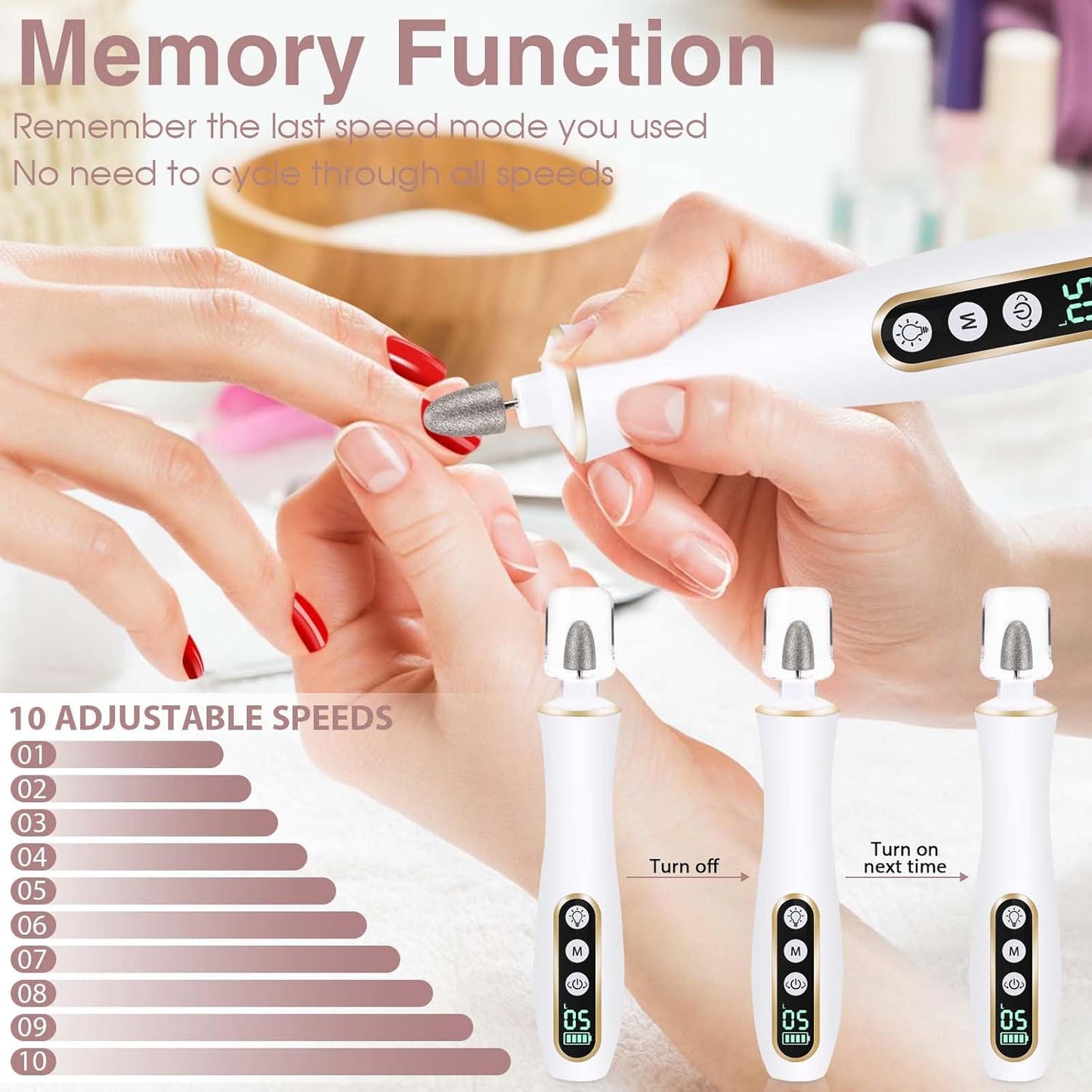 Professional Manicure Pedicure Kit, Cordless Electric Nail Drill with 360° LED light&10 Speeds, Rechargeable Pedicure Tools for feet, Hand Foot Care Nail Drill for Thick Nail Toenail Cuticle Women Men