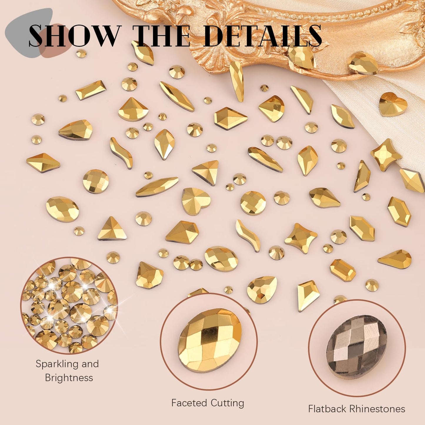1680Pcs Mineral Gold Glass Nail Rhinestones 180Pcs Multi Shapes Flatback Nail Gems + 1500Pcs 1.5-4mm Round Crystal with Rhinestones Glue Gel, Manicure Nail Charms Diamond Gemstone for Nail Art