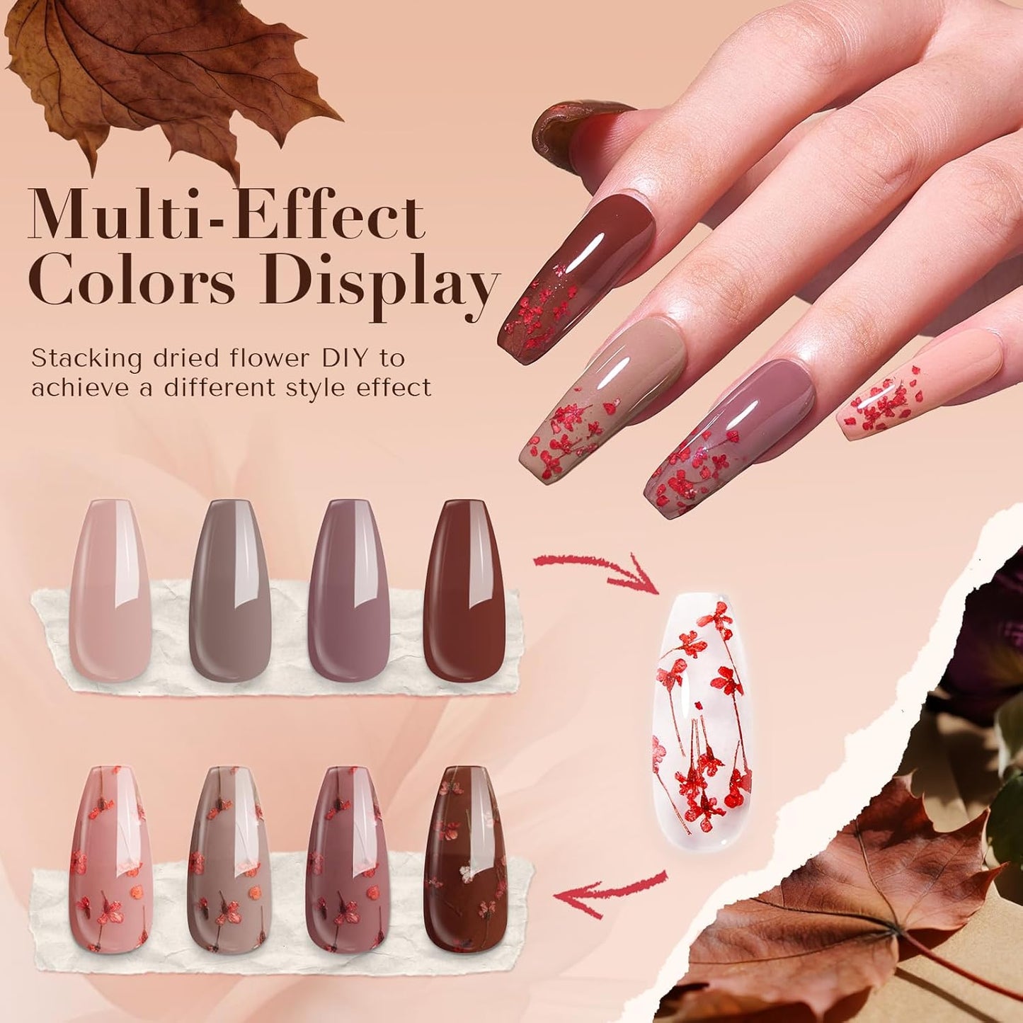 AZUREBEAUTY Dip Powder Nail Kit, 4 Colors Nude Brown with Dried Flower Set, Fall Winter Natural Dipping Powder Starter Liquid Set Recycling Tray with Base & Top Coat Activator ﻿