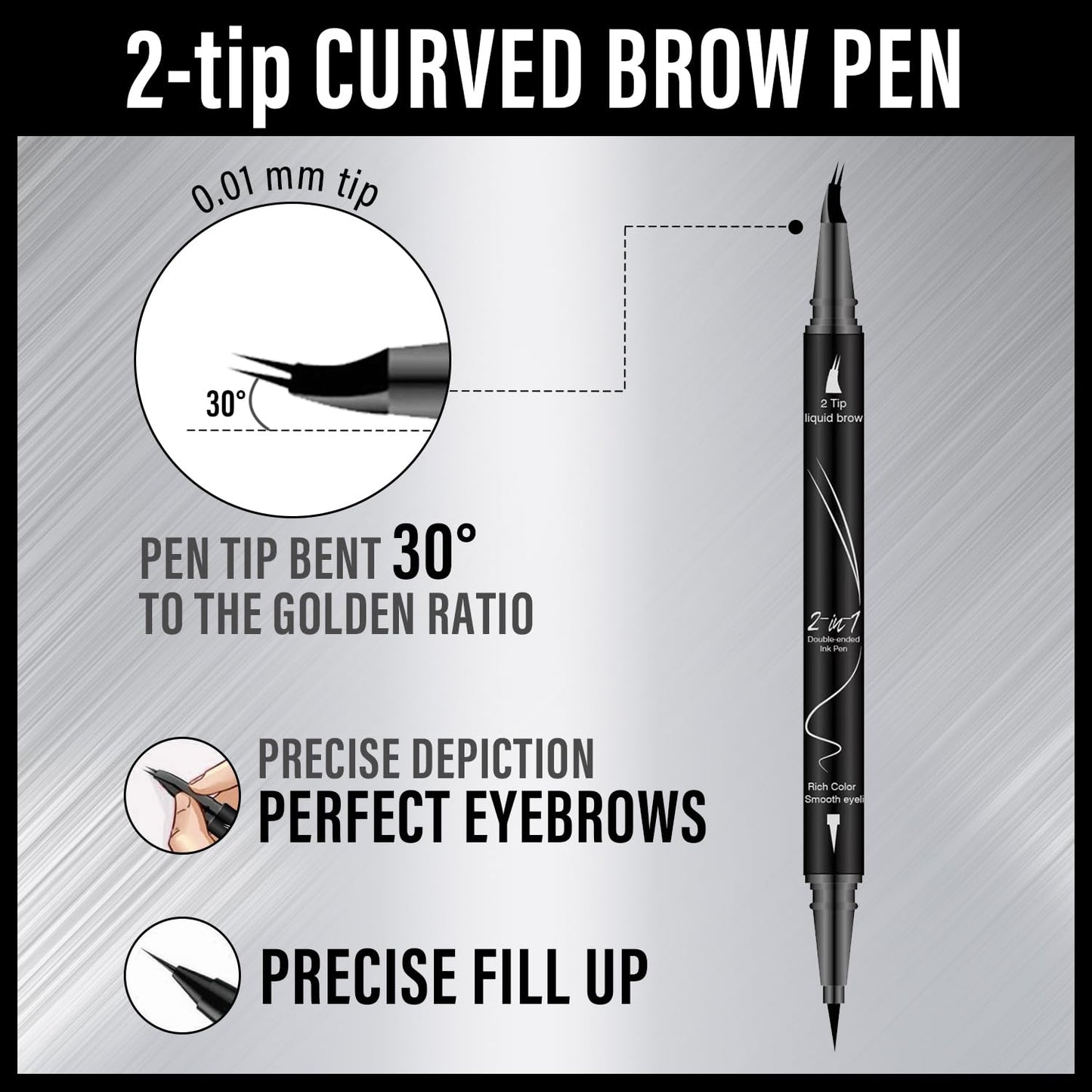 Curved Eyebrow Pencil, 2-in-1 Dual-Ended Eyebrow Pen with Curved Tip and Precise Brush-Tip, Waterproof, Microblading, Long Lasting (Brown)