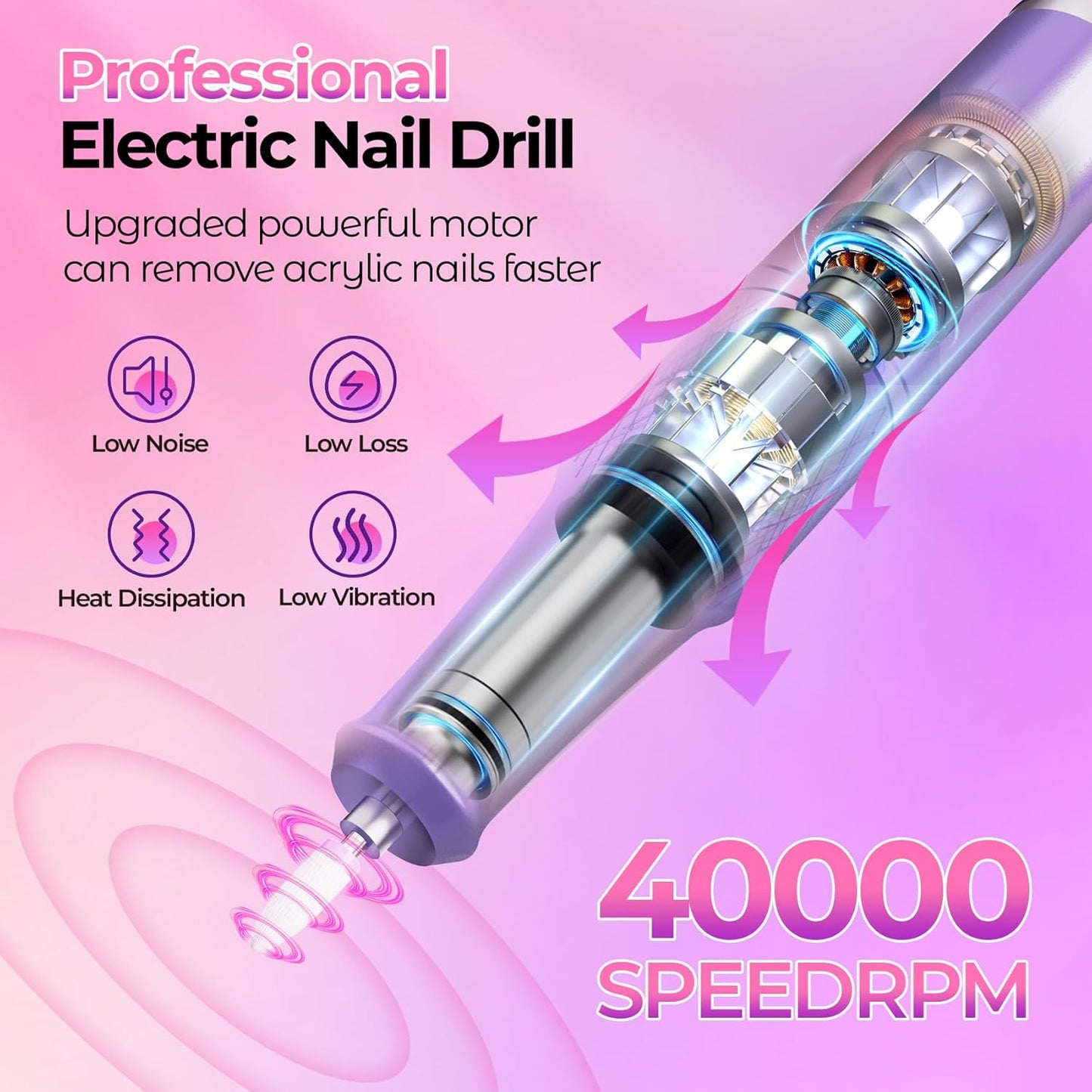 Nail Drill Electric File: 40000RPM Professional E File Kit E File Machine Filer for Shaping, Buffing, Removing Acrylic Gel Nails, Manicure Pedicure Kit with 12Pcs Nail Bits, Home Salon Use