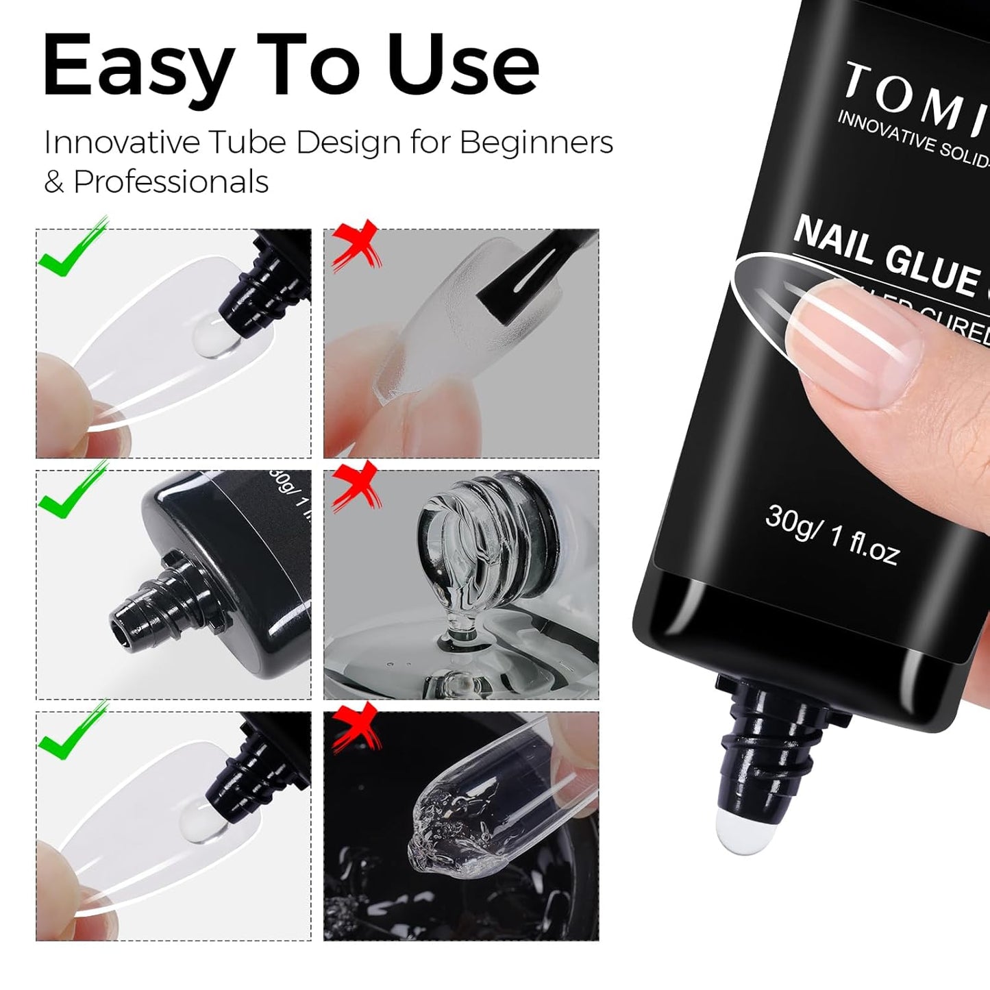 TOMICCA 4 in 1 Nail Glue for Press Ons 30g Gel Nail Glue Strong for Acrylic Nails Lamp Curing Needed UV