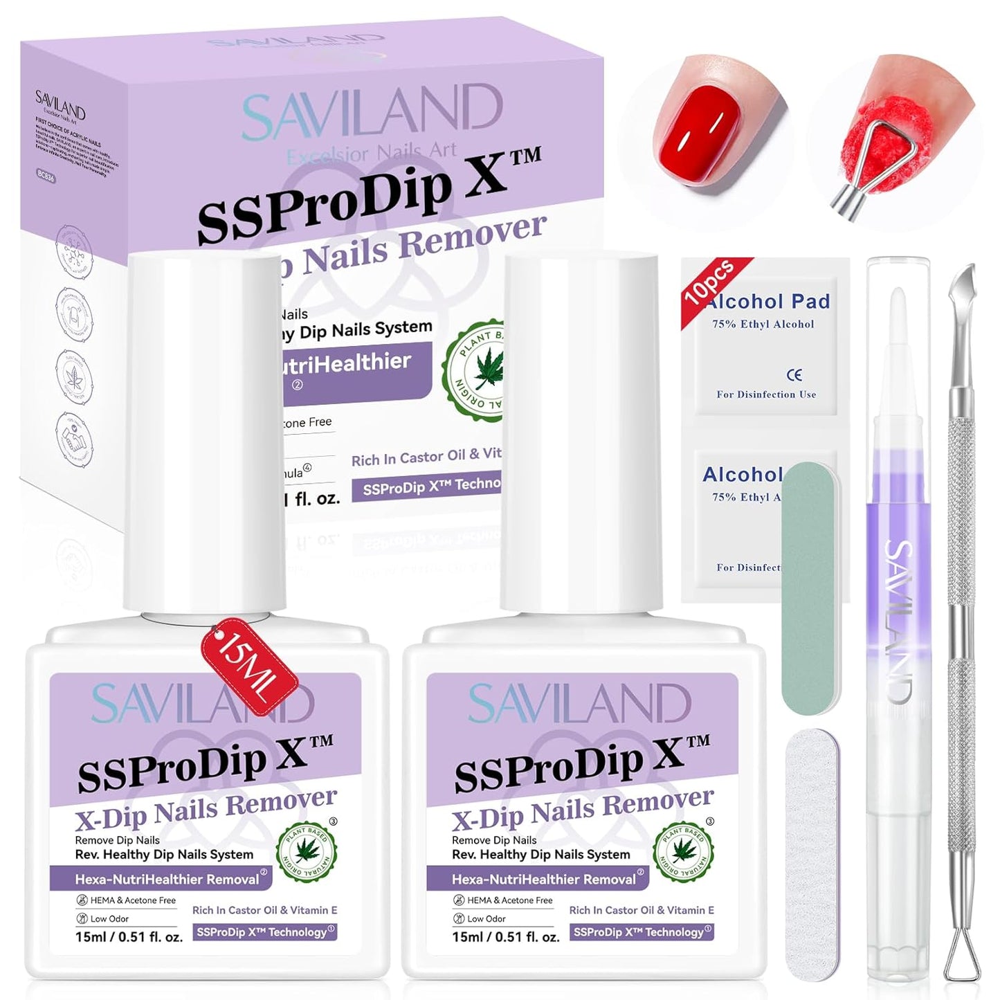 SAVILAND Dip Powder Remover Kit 2Pcs: 15ml Gentle & Safe Dip Nail Remover With Cuticle Oil Nail File Tools No Soak or Wrapping Removal Easy Remove at Home Gift For Women