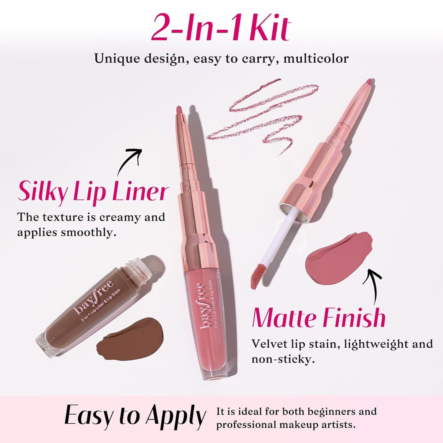2 PCS Lip Liner and Lip Stain Combo Set, High Pigmented Long Lasting Velvet Lip Tint, Well-Defined Lipliner, Weightless Waterproof Not Animal Tested, Matte Finish Makeup