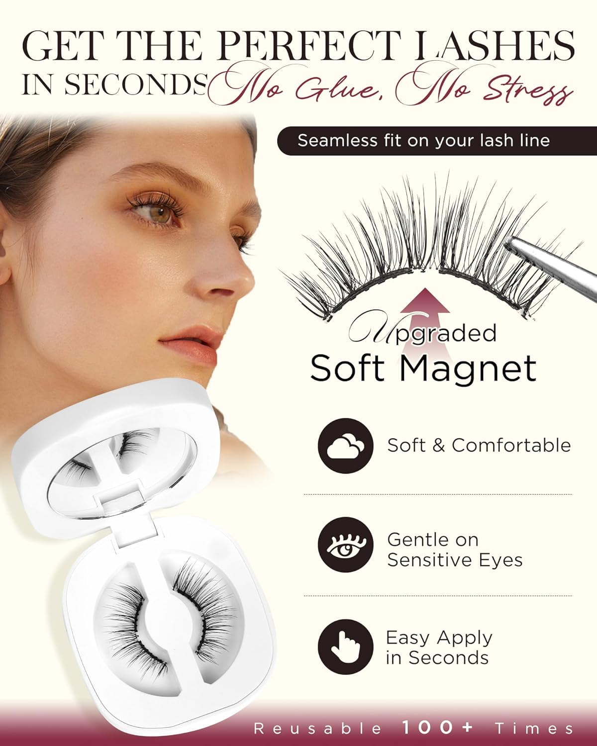 BEYELIAN Magnetic Eyelashes with Applicator, Soft Magnetic Lashes Natural Look Comfortable & Secure Fit Easy to Apply Reusable (1 Pairs, CS01)