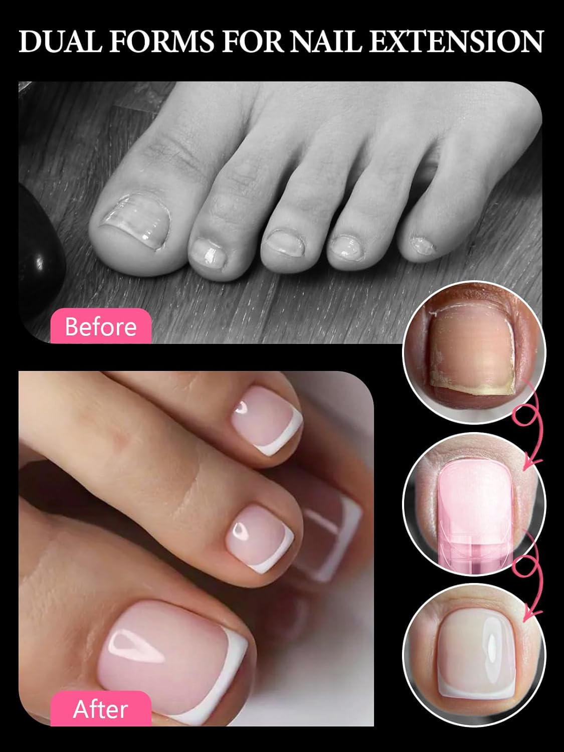 Poly Gel Dual Nail Forms for Finger and Toes, EBANKU Long Square Pink Flat Nail Molds Extension Tips Reusable for Women, 120Pcs 12 Sizes