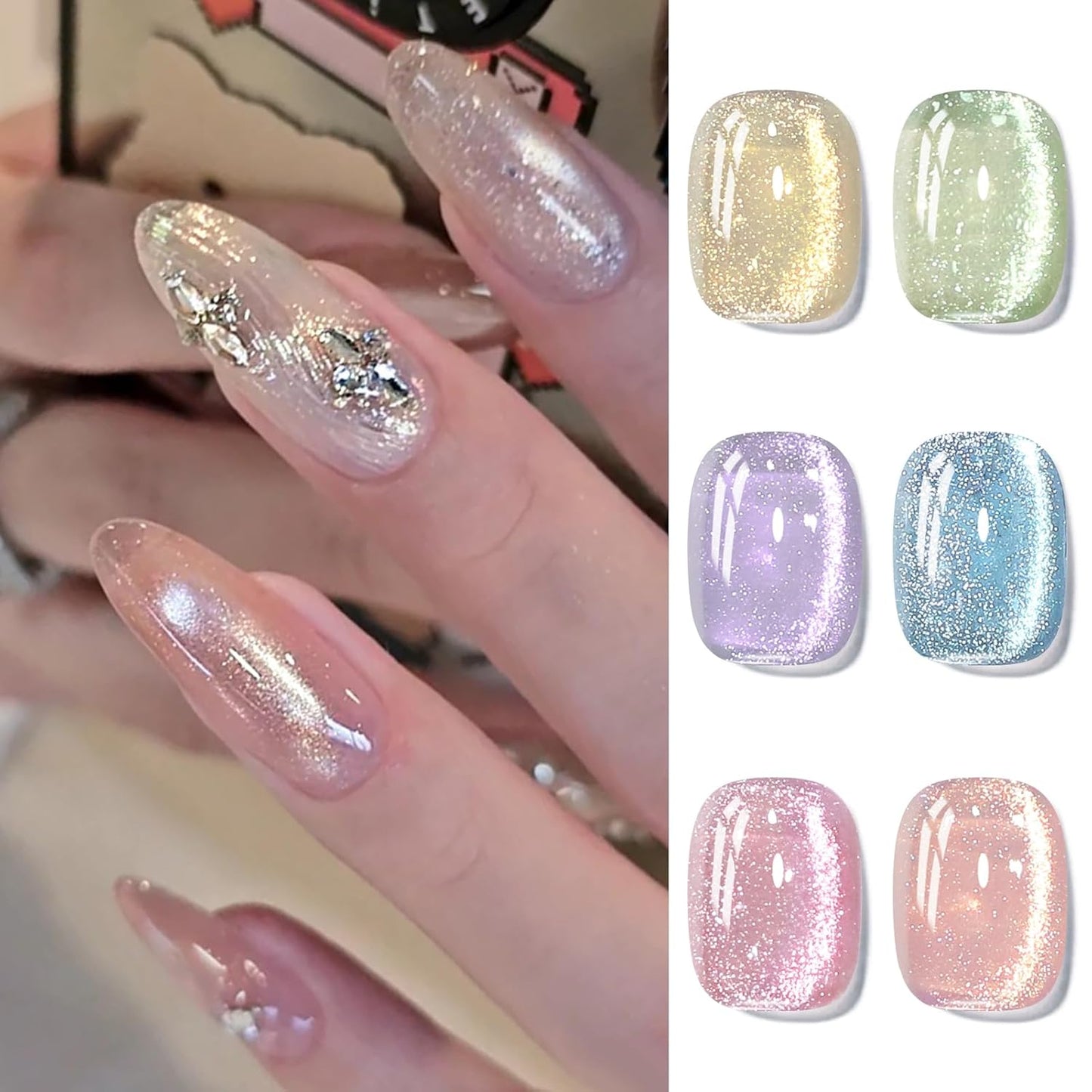 Born Pretty Cat Magnetic Eye Gel Nail Polish Spring Summer Pastel Shimmer Glitter Holographic Cat Magnetic Eye Gel Crystal Glass Cat Magnetic Gel Polish Manicure Nail Art DIY at Home 6PCS