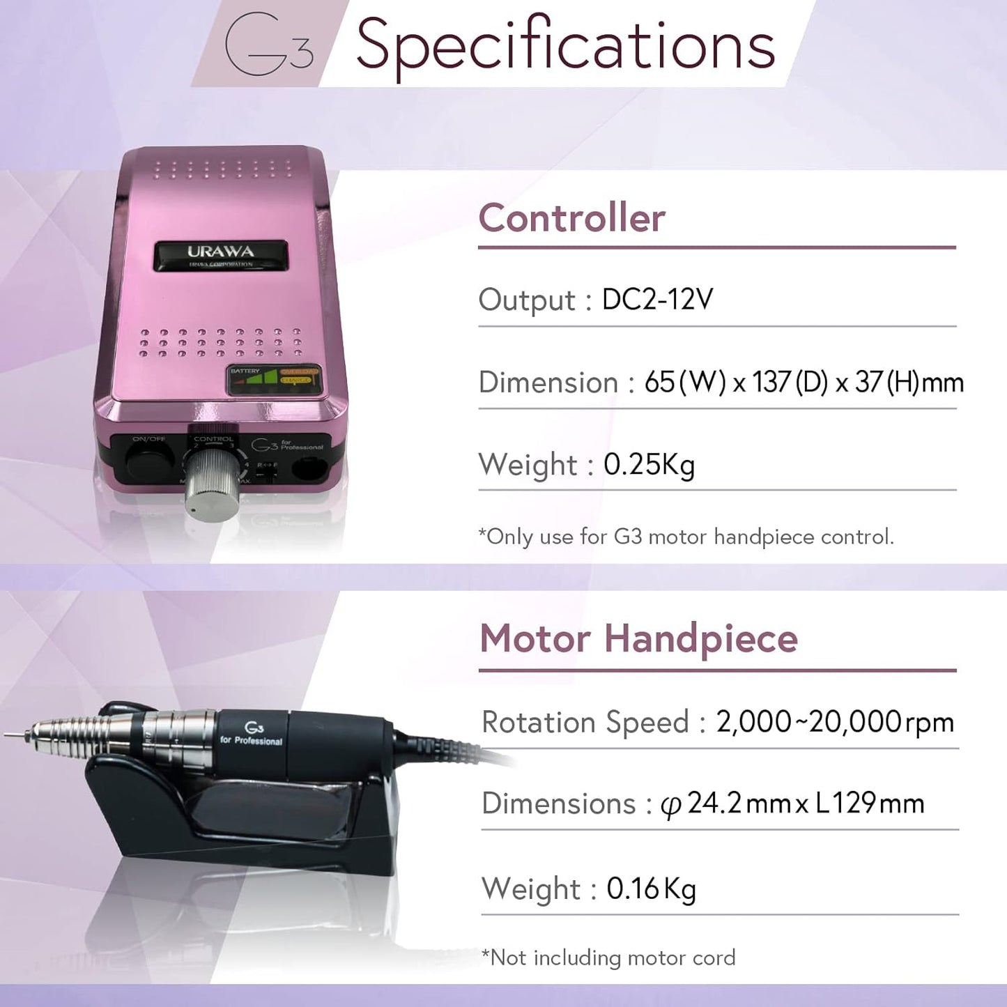 [Upower] G3 Professional Nail Drill Machine, 20000 RPM Electric File for Nails, Rechargeable Portable Nail Machine, Low Noise & Low Vibration (Made in Japan) Produced by URAWA Corp. [White]