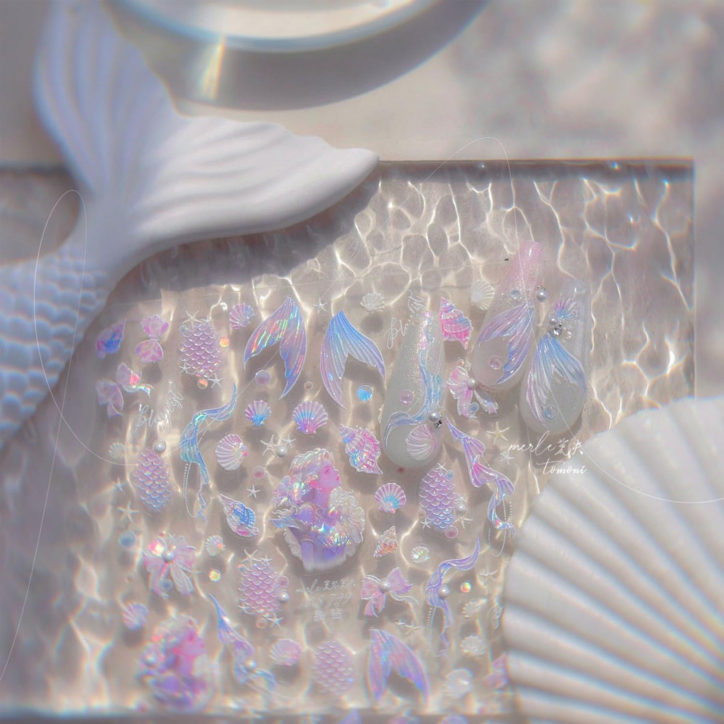 Summer Seashell Starfish Nail Art Stickers 5D Embossed Shiny Shell Nail Decals Cute Mermaid Nail Accessories Ocean Theme Summer Nails Design Pearl Bow Nail Adhesive Sliders for Women Manicure