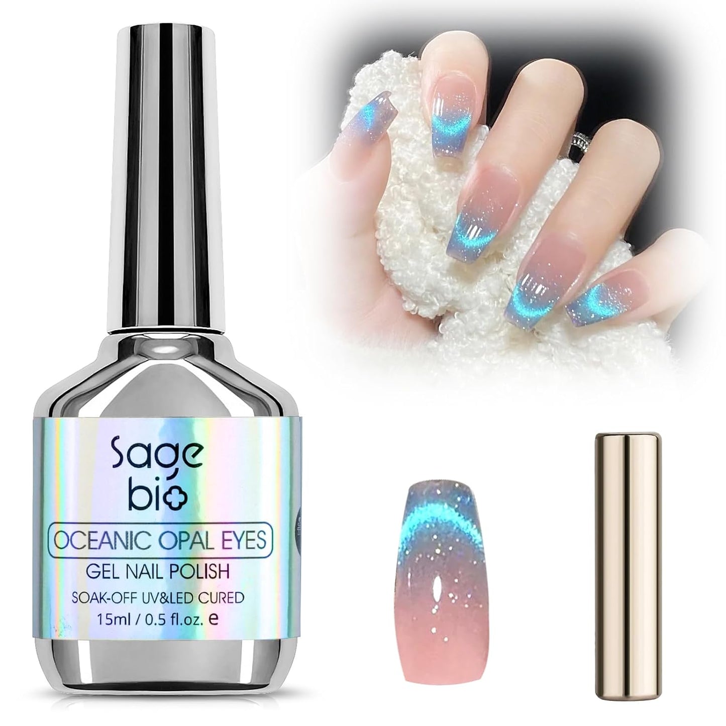 Cat Eye Gel Nail Polish with Magnet Stick, 15ml Glitter Holographic Nail Polish, Magnetic Effect Gel for Home DIY Manicure Gift, Blue Tears
