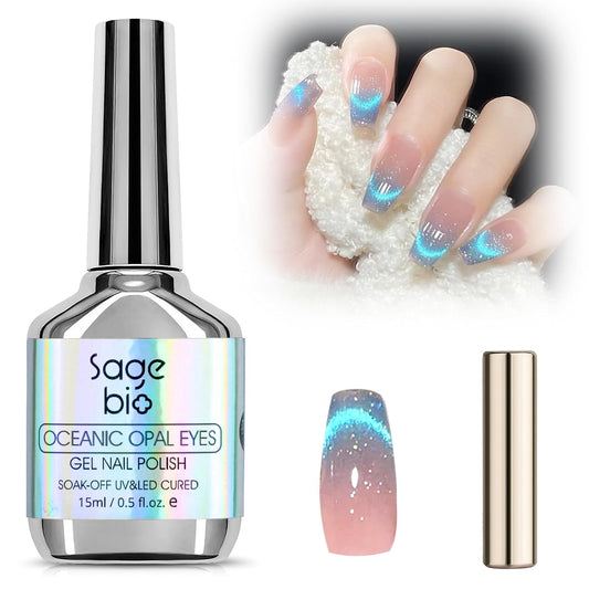 Cat Eye Gel Nail Polish with Magnet Stick, 15ml Glitter Holographic Nail Polish, Magnetic Effect Gel for Home DIY Manicure Gift, Blue Tears