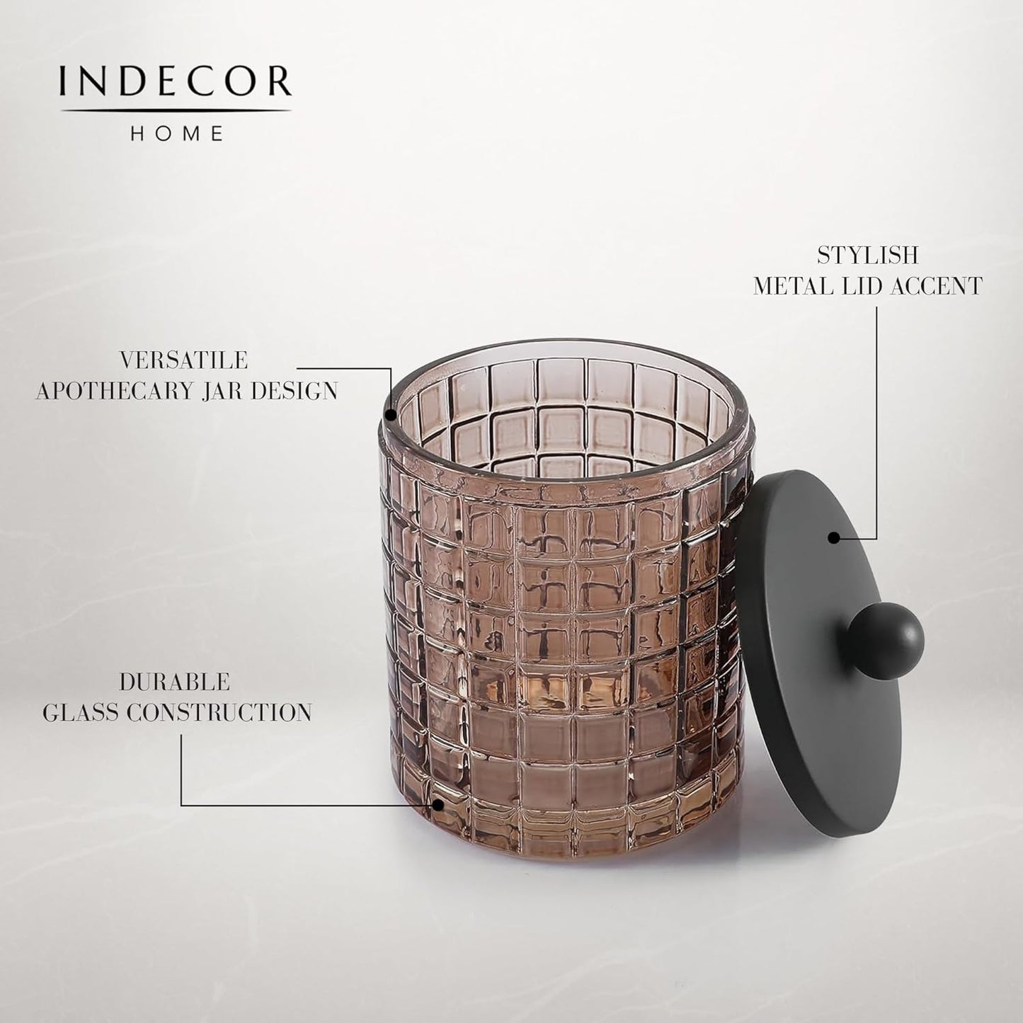 Glass Jar with Metal Lid for Bathroom Organization, Clear Apothecary Jar for Cotton Balls, Q Tips, and Small Accessories, Stylish Bathroom Storage Container Amber, Black