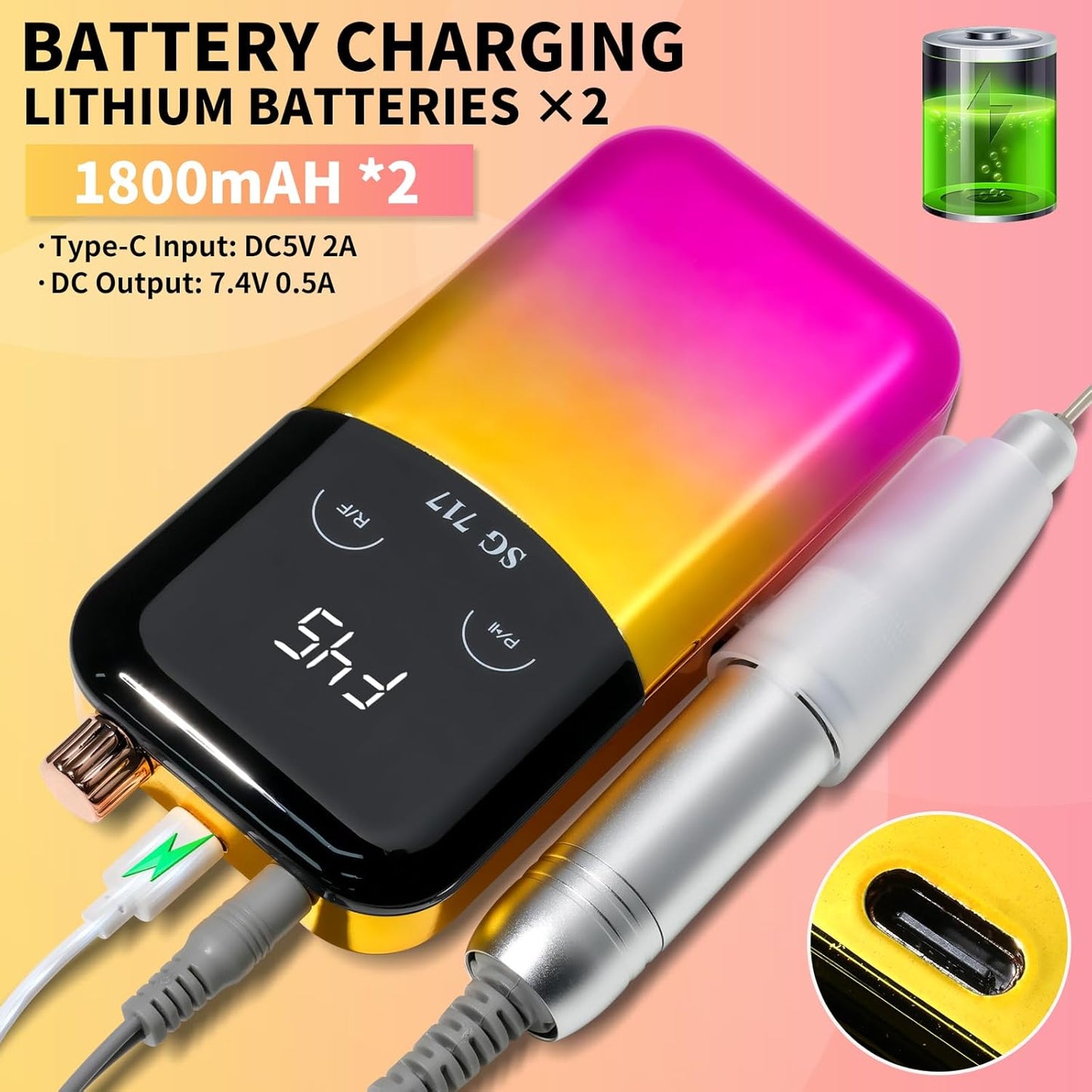 Professional Electric Nail Drill Machine,45000RPM Portable Rechargeable Efile Nail Drill Cordless,Electric Nail File Kit for Women (Gradient Yellow)