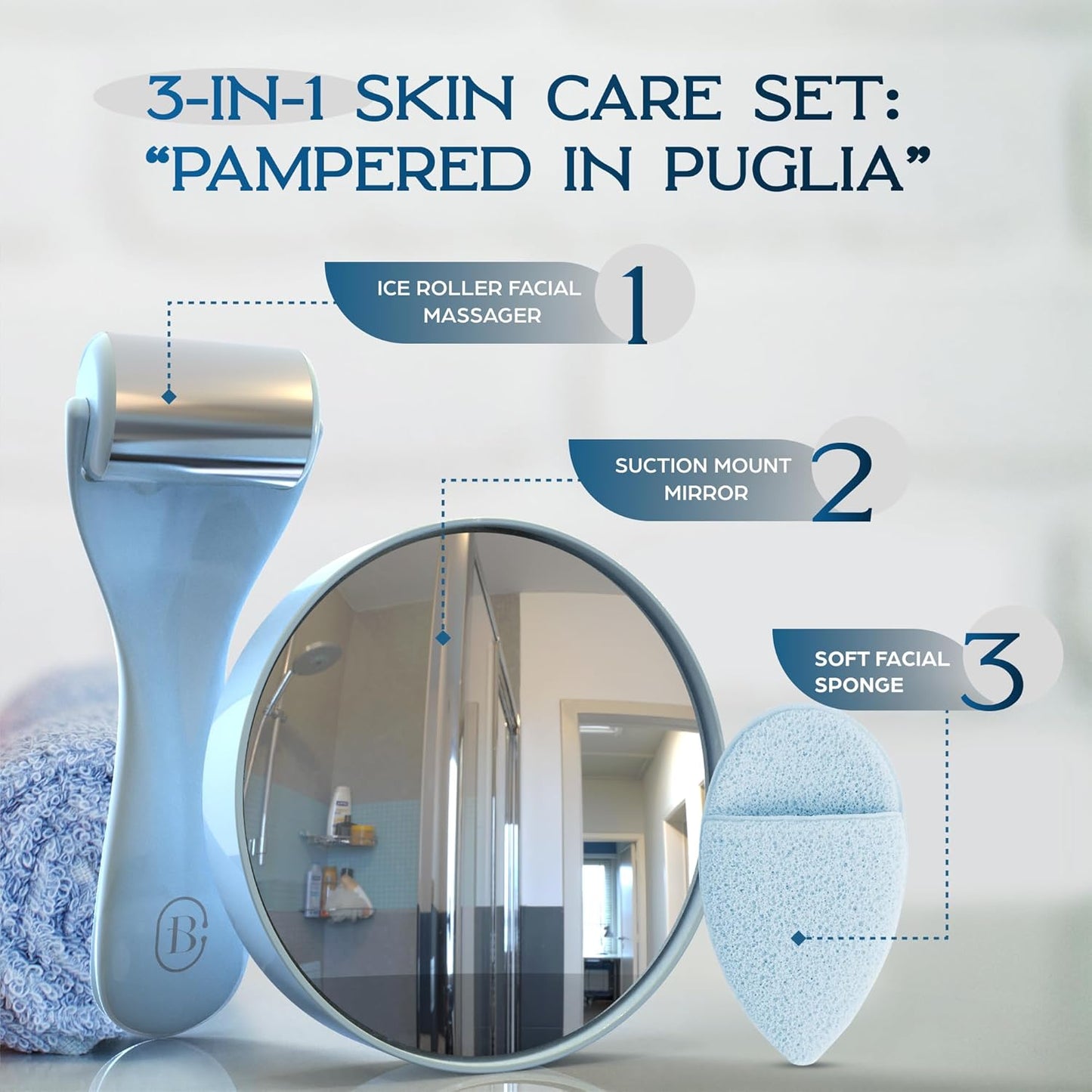 Bella Ciao 3-in-1 Skin Care Set for Women, Skin Care Set for Teen Girls, Contains: Shower Mirror, Ice Roller Facial Massager, Makeup Removal Sponge, Great Gift for Women, Girls