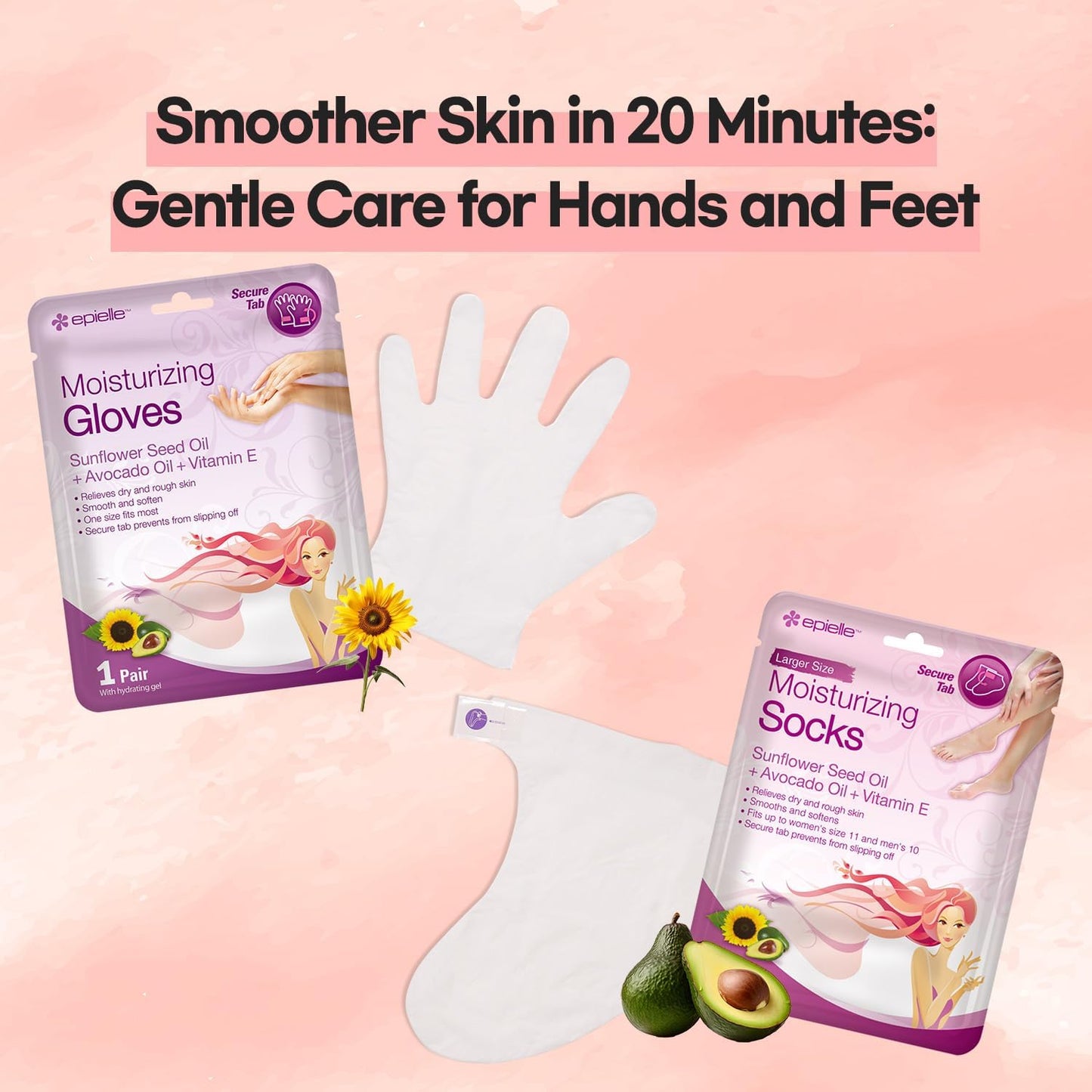 Epielle Moisturizing Hand & Foot Masks 12 Pairs, Soften Dry Hands & Cracked Heels with Sunflower Seed Oil & Avocado Oil, Korean Skin Care, Spa Self Care Gifts for Women, 6 Gloves & 6 Socks