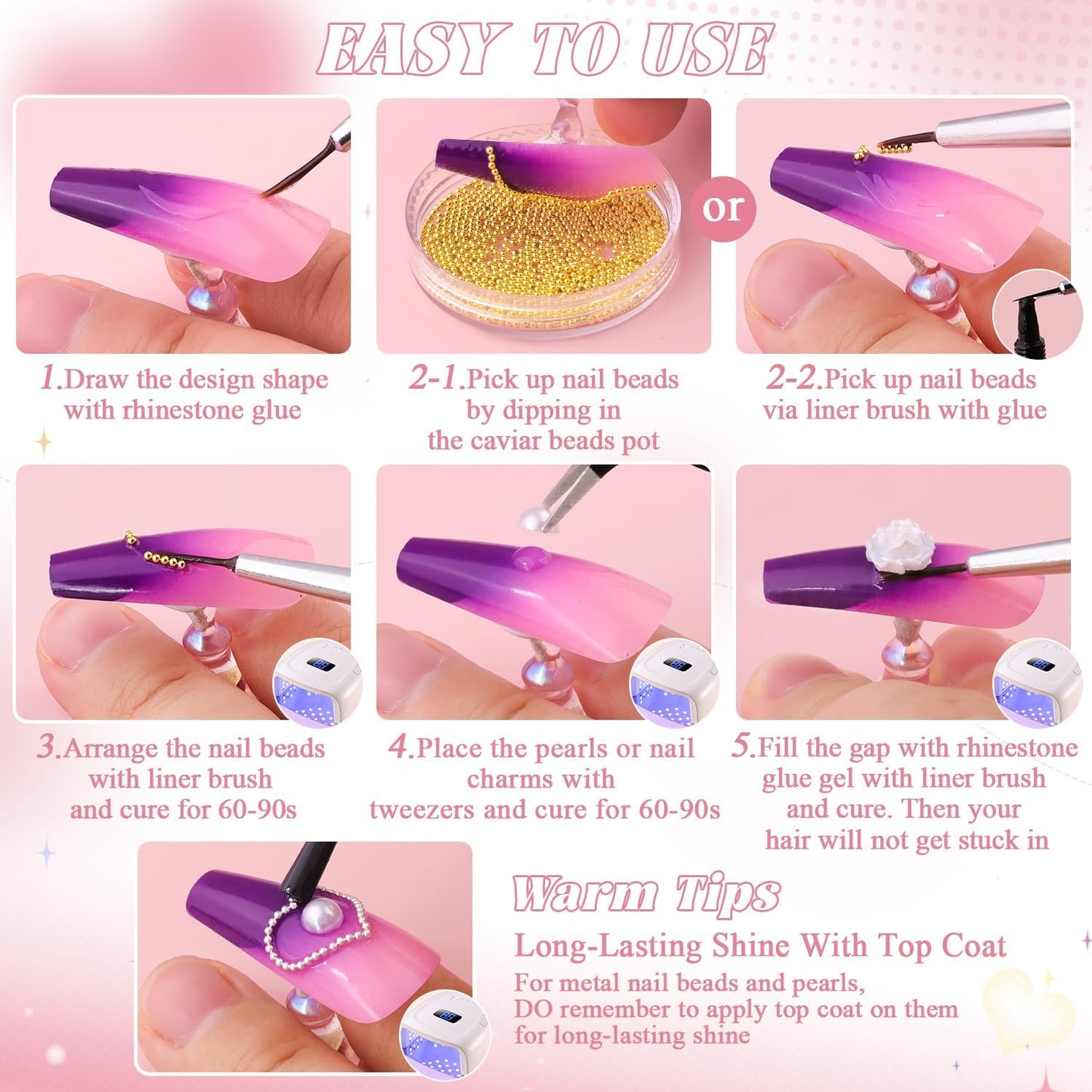 1-3MM Mini Small Nail Beads Metal Caviar Bead Silver Gold Nail Charms and Gems Ball, Nail Chain for Nail Art Accessories Supplies Gold Rhinestones for Women Manicure