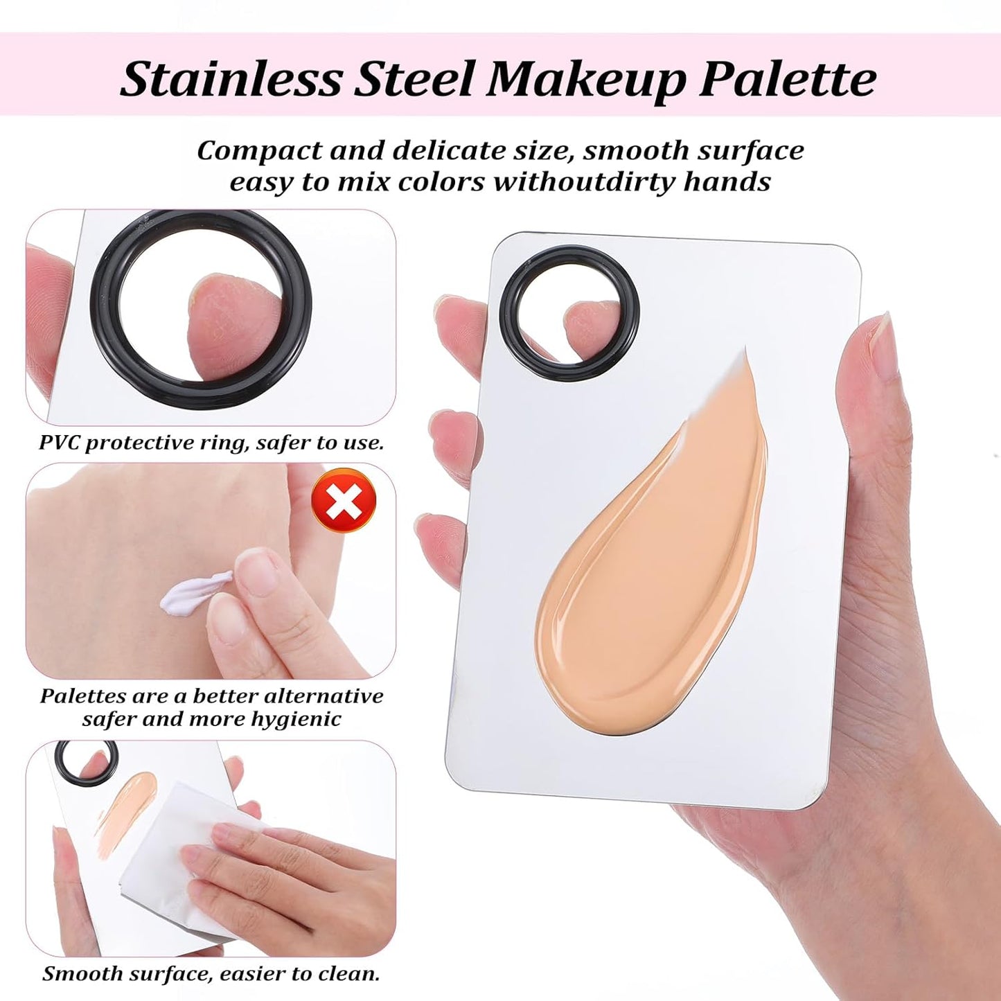 4 Pcs Makeup Foundation Mixing Palette Set Including Make Up Spatula, Makeup Brush, Palette Tray, Powder Puff, Foundation Makeup Mixing Palette, Makeup Palette Tray (Stainless Steel)