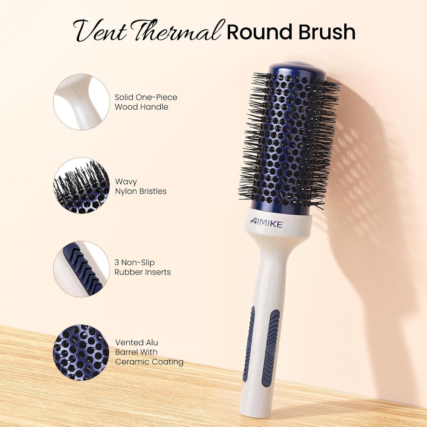 AIMIKE Nano Ionic Tech Ceramic Brush for Blow Drying, Styling and Volume Boost - Natural Wood One-Piece Design, 1.7 Inch/43mm