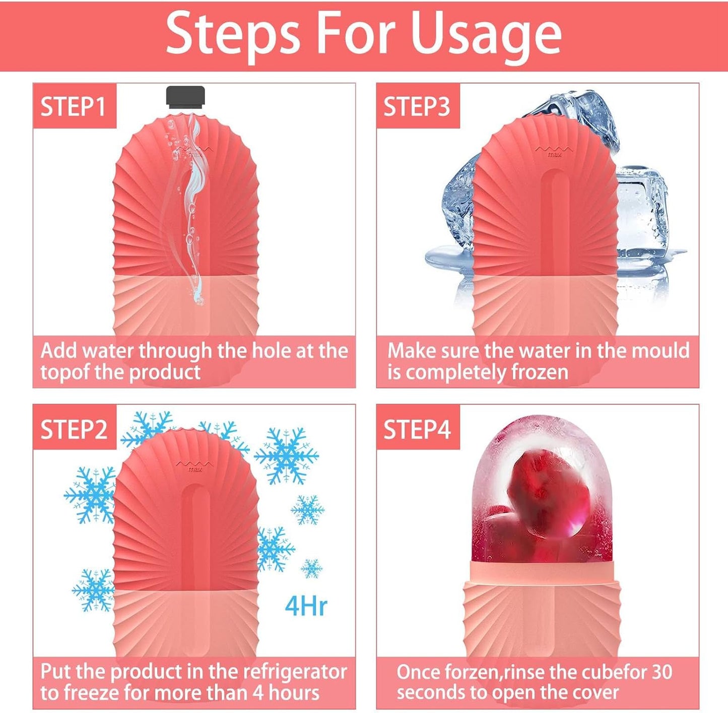 KOGITI Face Ice Roller & Mold - Beauty Facial Massage Tool for Puffiness Relief, Ice Cube Holder (Shell-Pink)