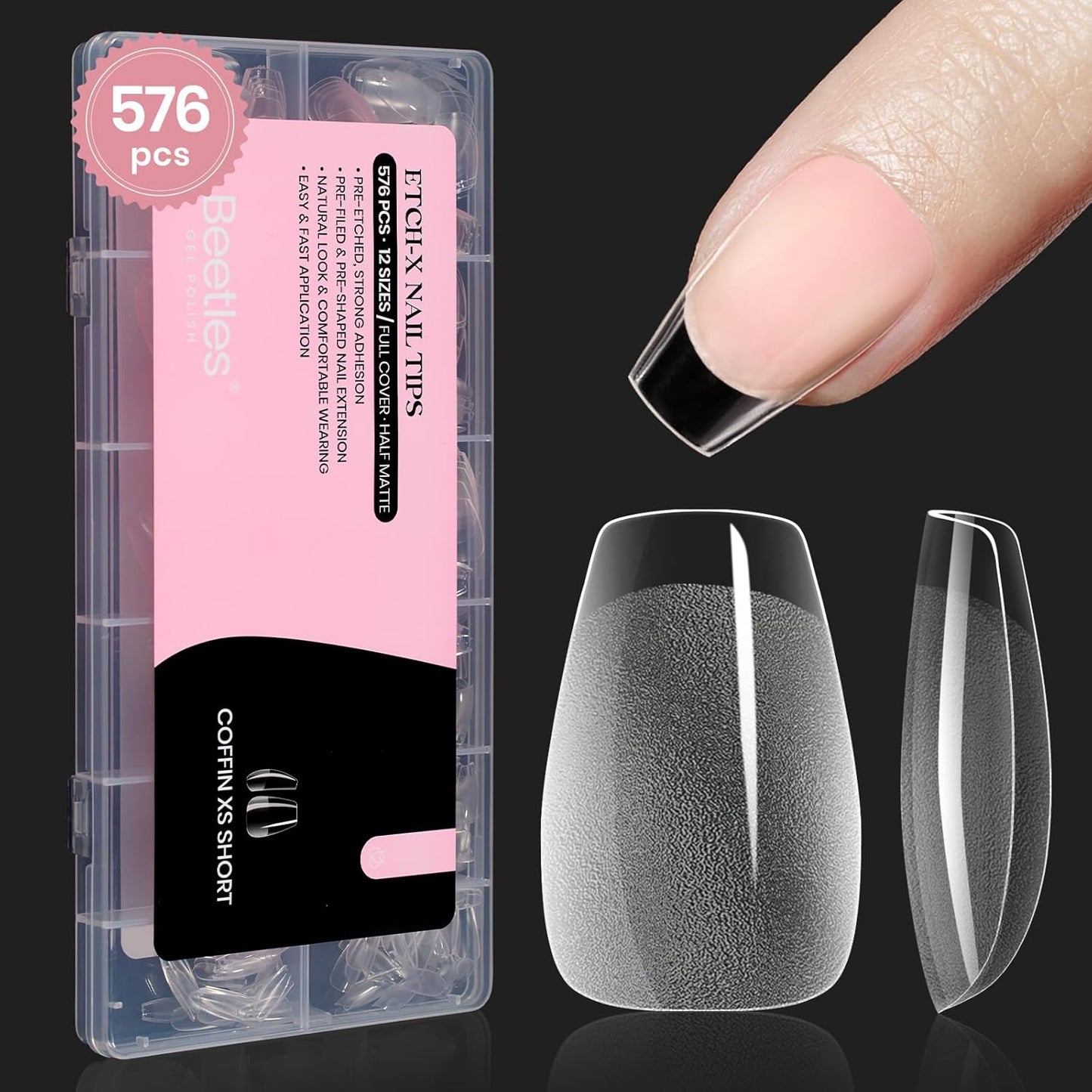 Beetles Gel Nail Tips Extra Short Coffin 576Pcs 12 Sizes - Pre-Etched Shaped Half Matte Soft Nail Tips Press On Nails Full Cover False Nails Acrylic Fake Nail Extension Kit Gift for Women