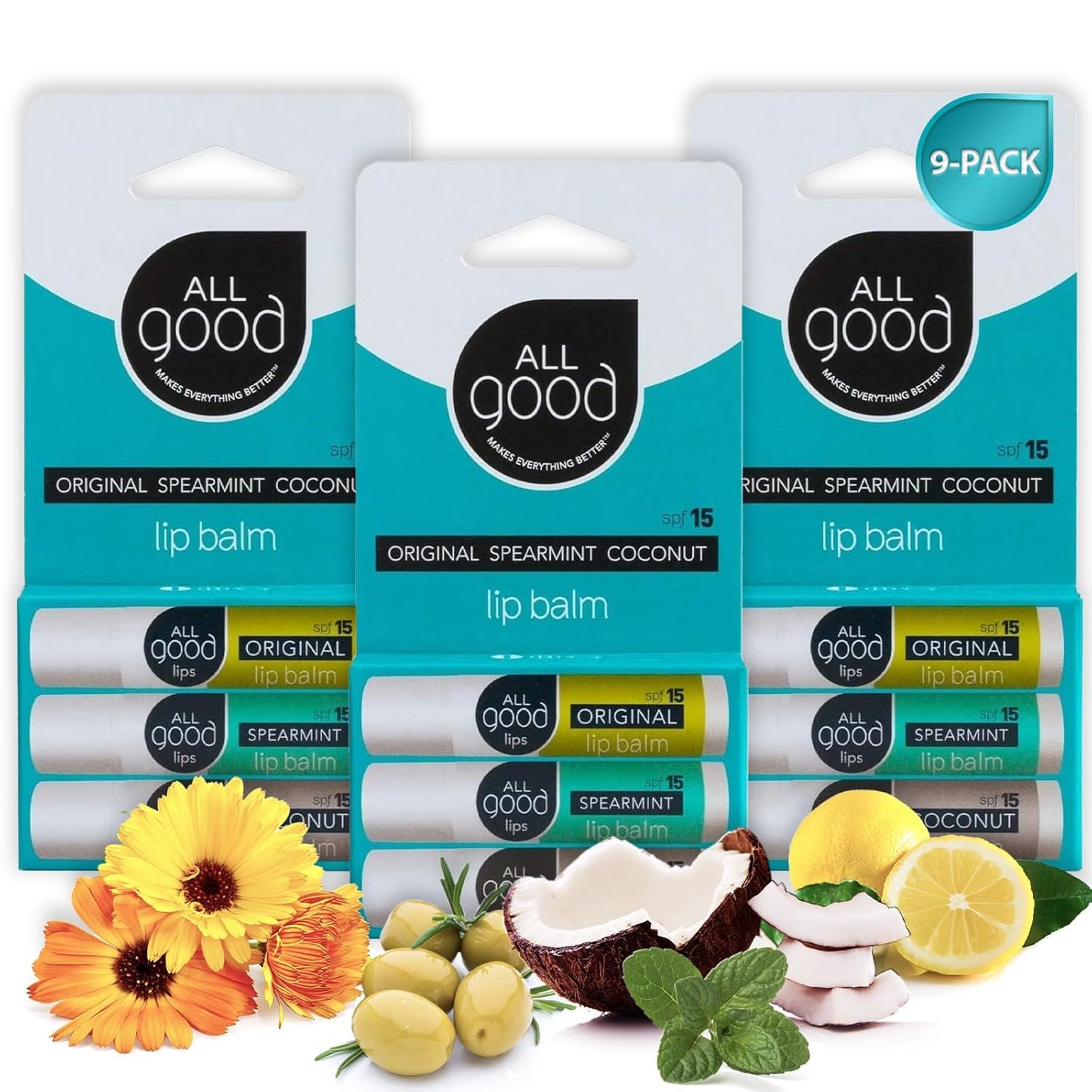 All Good Organic SPF15 Lip Balm - Hydrating Lip Care with Olive Oil, Beeswax, Calendula, Lavender, Vitamin E - Lip Moisturizer with Zinc Oxide Protection - Original, Spearmint & Coconut (9-pack)