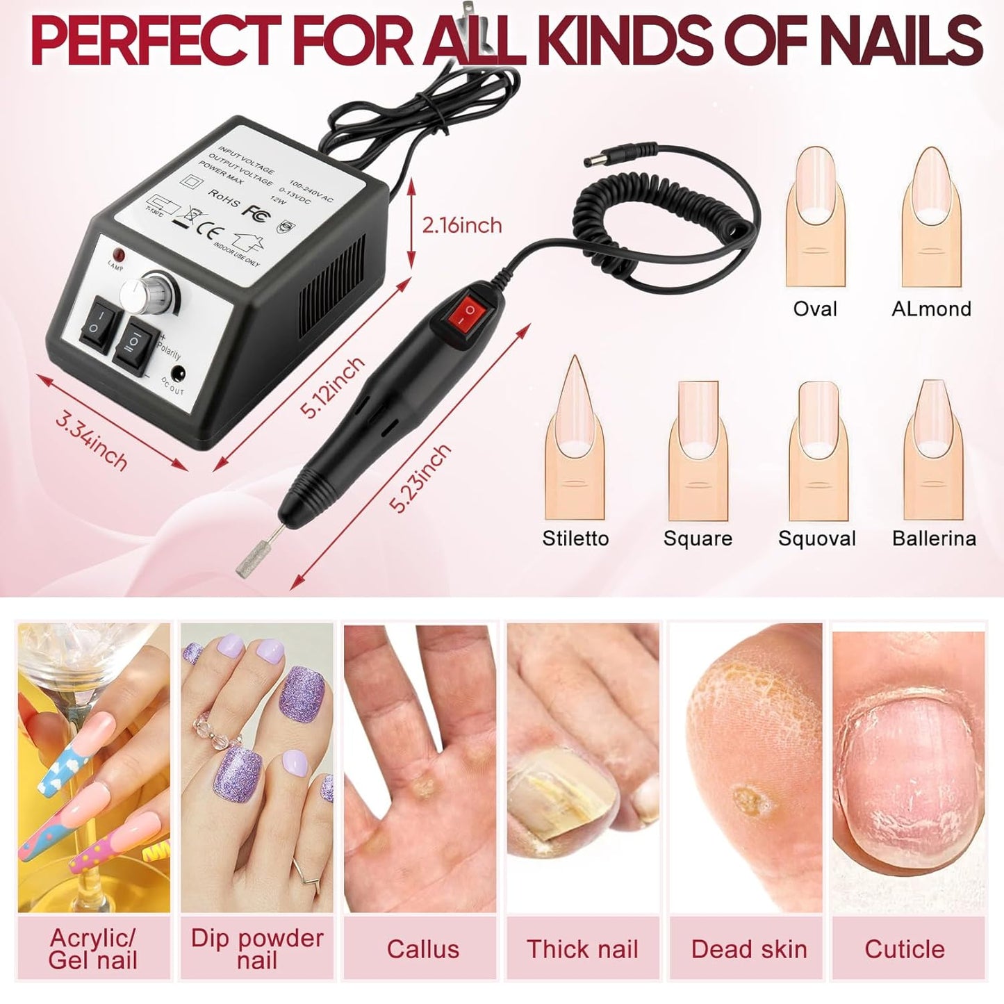 Professional Electric Nail Drill Machine Nails File Manicure Pedicure Set for Acrylic Gel Dip Powder Art Shape Remover Tool Polisher Grinder Low Noise with 6 Drill Bits 156pcs Sanding Bands (Black)