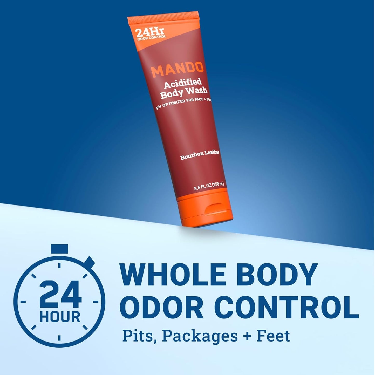 Mando Odor Shield Body Wash - 24 Hour Control - Removes Odor Better than Soap - SLS Free, Paraben Free, Skin Safe - 8.5 Ounce (Pack of 2) (Bourbon Leather)