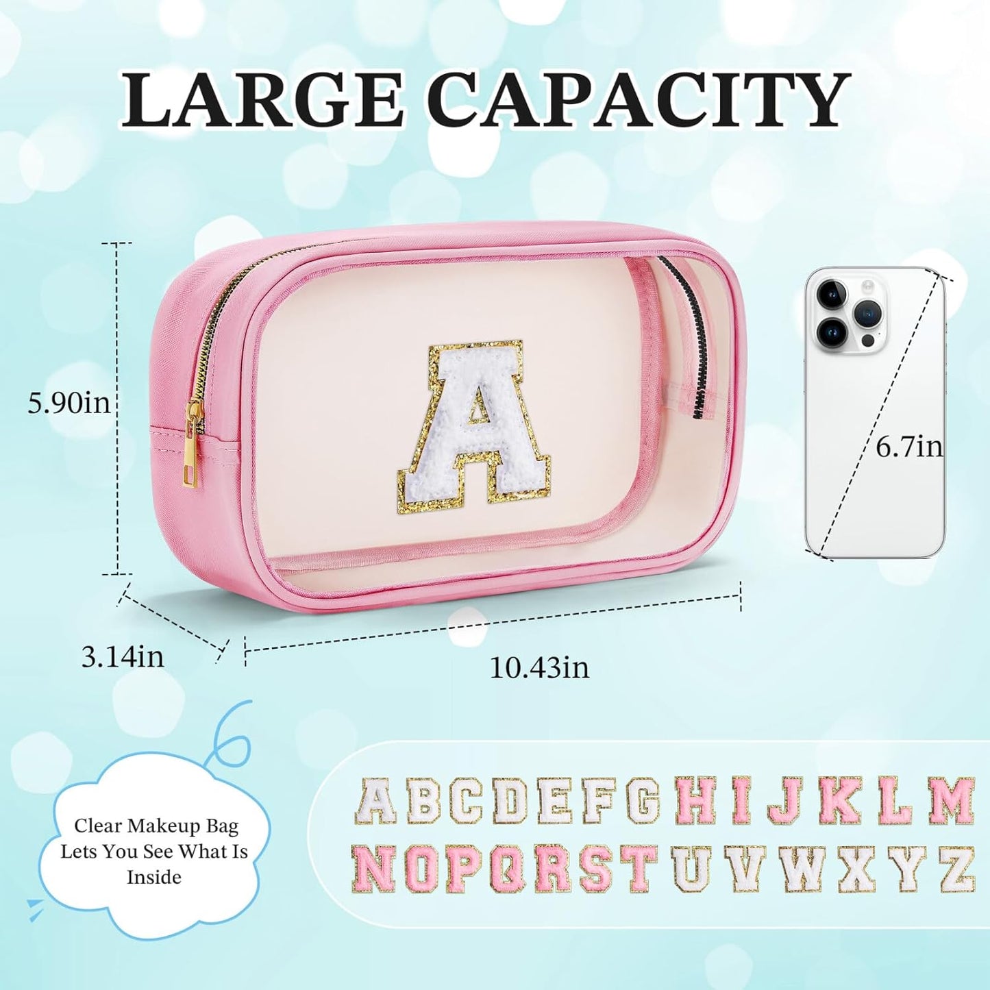 YOOLIFE Initial Travel Essentials Makeup Bag, Make Up Bag Skin Care Clear Toiletry Bag Pouch Cosmetic Bag Case Large Makeup Bag Personalized Pink Birthday Gifts for Women Teacher Mom Teen Friends V