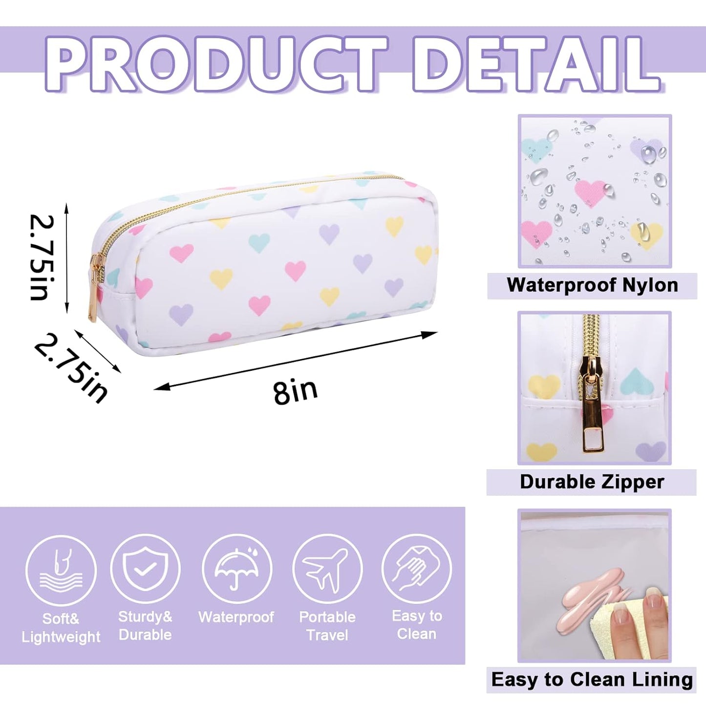 Small Pencil Case Makeup Bag for Purse, Cute Pencil Pouch Nylon Preppy Makeup Brush Bag with Zipper, Girls Portable Stationery Storage Case for Office School College(Slim-White Heart)