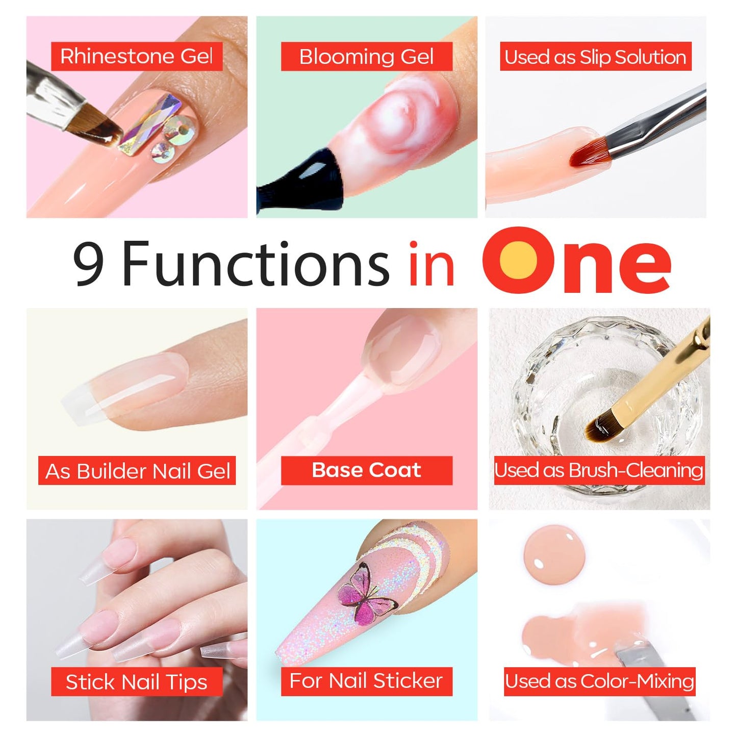 modelones Nail Glue for Nail Tips, 9 in One Glue for Press Ons, Clear Tips, Need U V Light Cured, 15ML