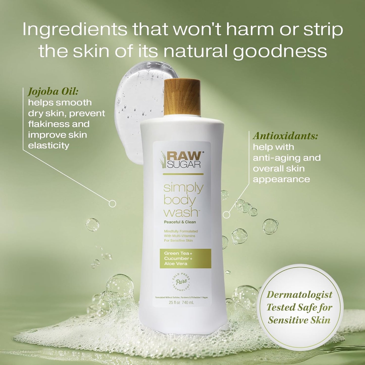 RAW SUGAR Sensitive Skin Simply Body Wash - Green Tea + Cucumber + Aloe Vera, Moisturizing & Brightening Bath & Shower Gel, Sulfate-Free, Paraben-Free & Vegan (Pack of 3)