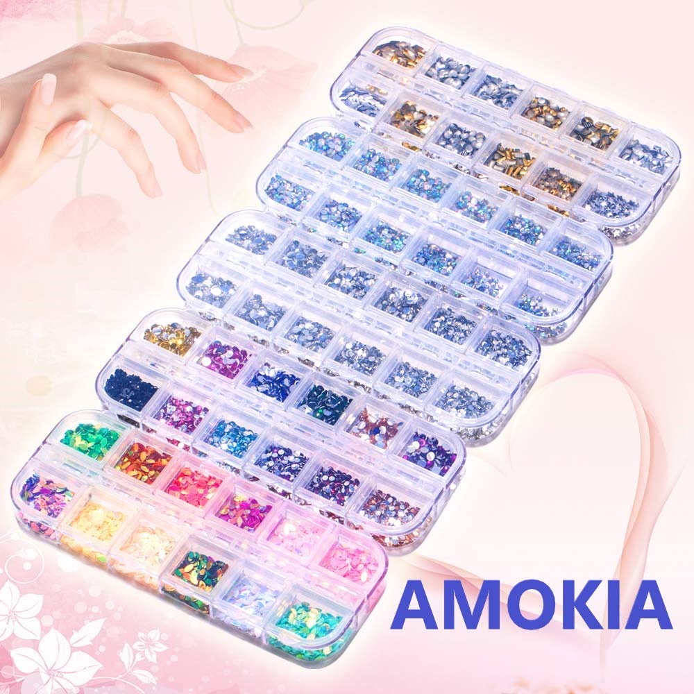 6400pcs Nail Art Rhinestones, Nail Crystal Gems Nail Diamonds, Gold Silver Nail Studs Colorful Nail Sequins & Rhinestones for Nails Kit with Tweezers and Wax Pen for Nail Art Supplies Accessories