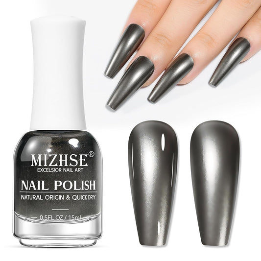 MIZHSE Dark Grey Mirror Nail Polish, Quick Dry Metallic Nail Polish, Air Dry Fast Chrome Nail Lacquer Black Oil-based Nail Art Manicure DIY Home
