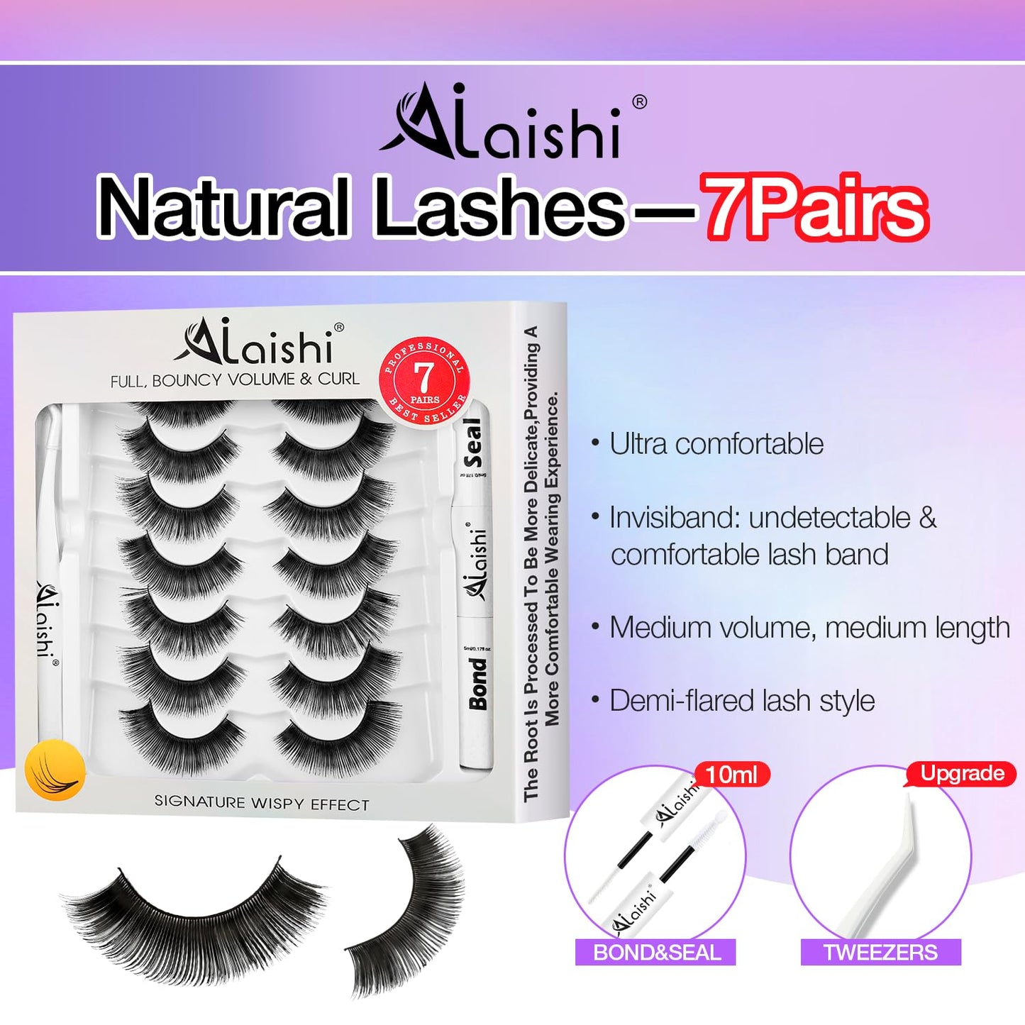 Fluffy False Eyelashes Kit With Bond, Seal and Tweezer, 7 Pairs Natural Look Fake Cat Eye Lashes Strips Thin Band Extensions Waterproof Easy Eyelashes for Beginners DF79