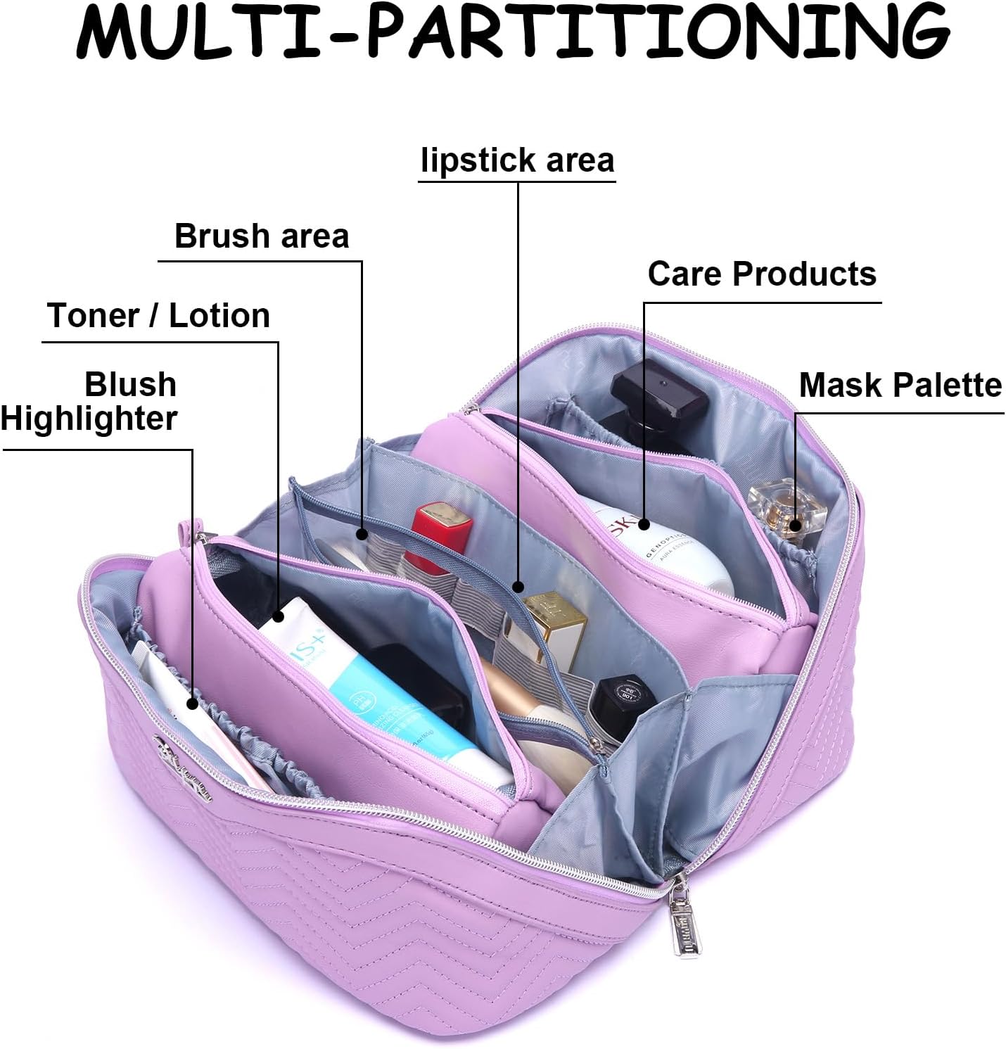 Travel Makeup Bags Cosmetic Organizer Bag: Quilted Make up Bag Set of 3 - PU Leather Toiletry Bags for Women - Portable Makeup Organizer with Compartments & Handle & Divider (14-Purple)