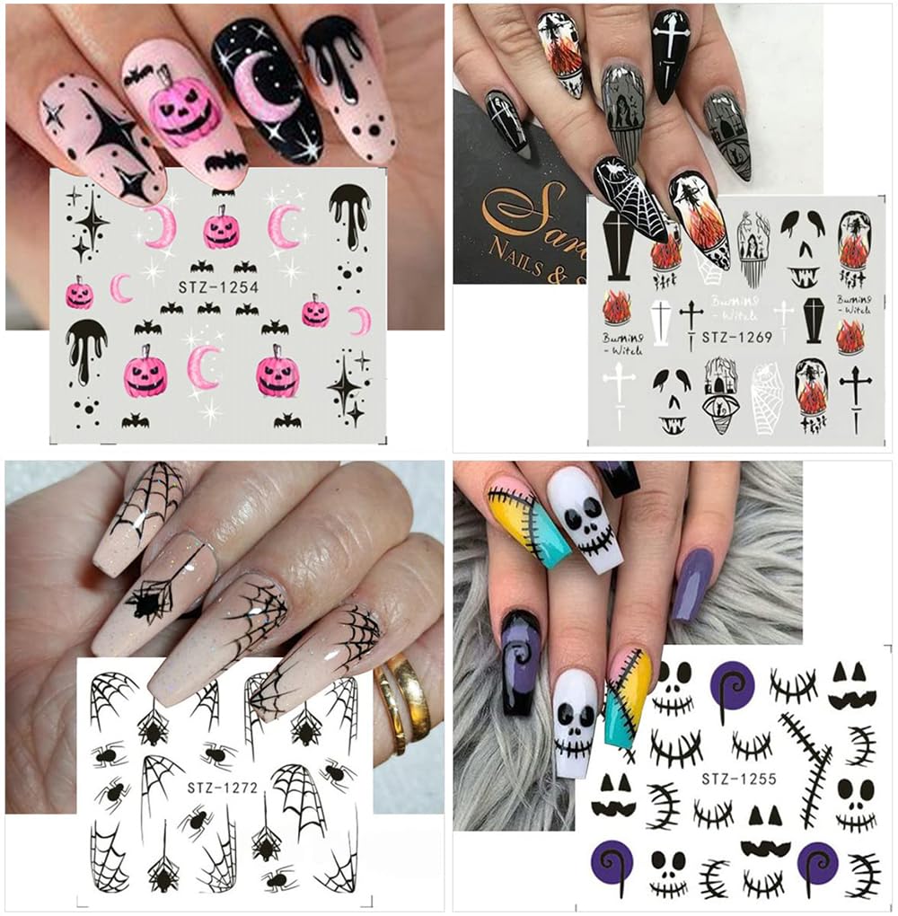 12 Sheets Halloween Nail Art Sticker Decals Horror Water Transfer Nails Foils Pumpkin Ghost Skull Spider Blood Evil Eye Halloween Design Nail Art Decoration Nail Slider Decal for Women DIY Nail Supply