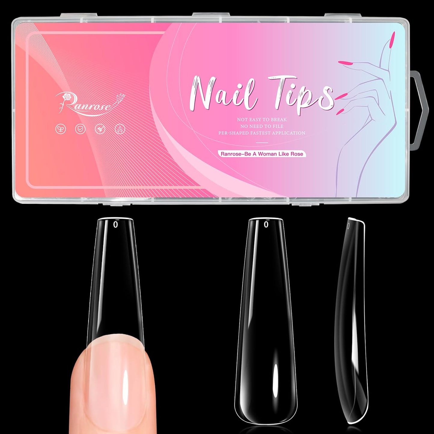 Ranrose Long Coffin Nails Tips: 240pcs XXL Acrylic Nails Clear C Curve Coffin False Nail, Full Cover Fake Nails for Nail Extension, 12 Sizes