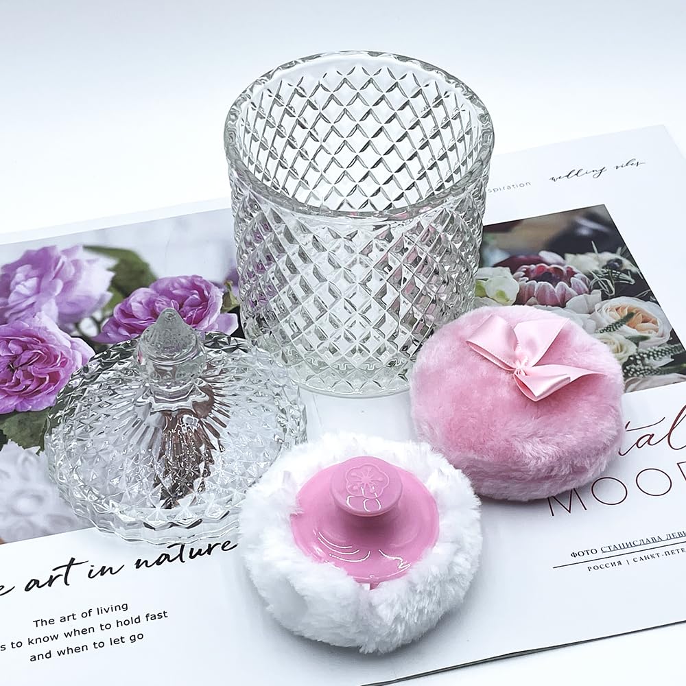 Luxury 4.2 Inch Glass Powder Container with 2 Plush Puffs｜Non-Sealed Refillable Organizer for Body Powder&Makeup｜Setting Powder Applicator w/Loose Powder Storage(Pointed Cylinder-Clear-Large)