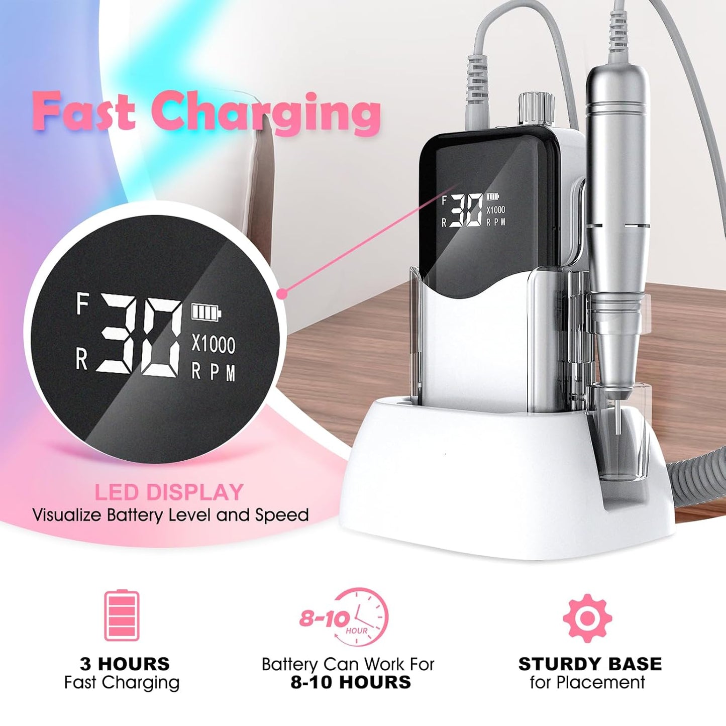 CIVPOWER Nail Drill, Portable Rechargeable Tool Kit with 35000RPM Electric Nail File and LED Display for Manicure, Pedicure, Salon, Home, DIY (White)