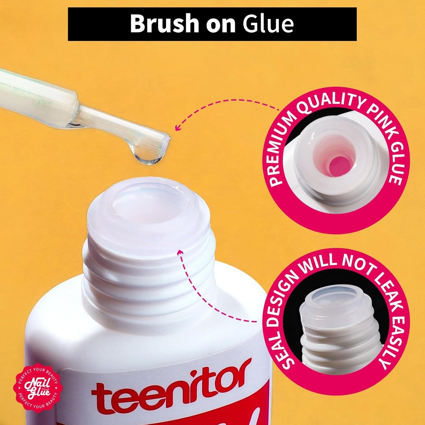 Teenitor Pink Nail Glue, 10 Pack Brush On, Strong for Press Ons & Acrylic Nails, Water Resistant, Fast Drying, No Lamp Needed