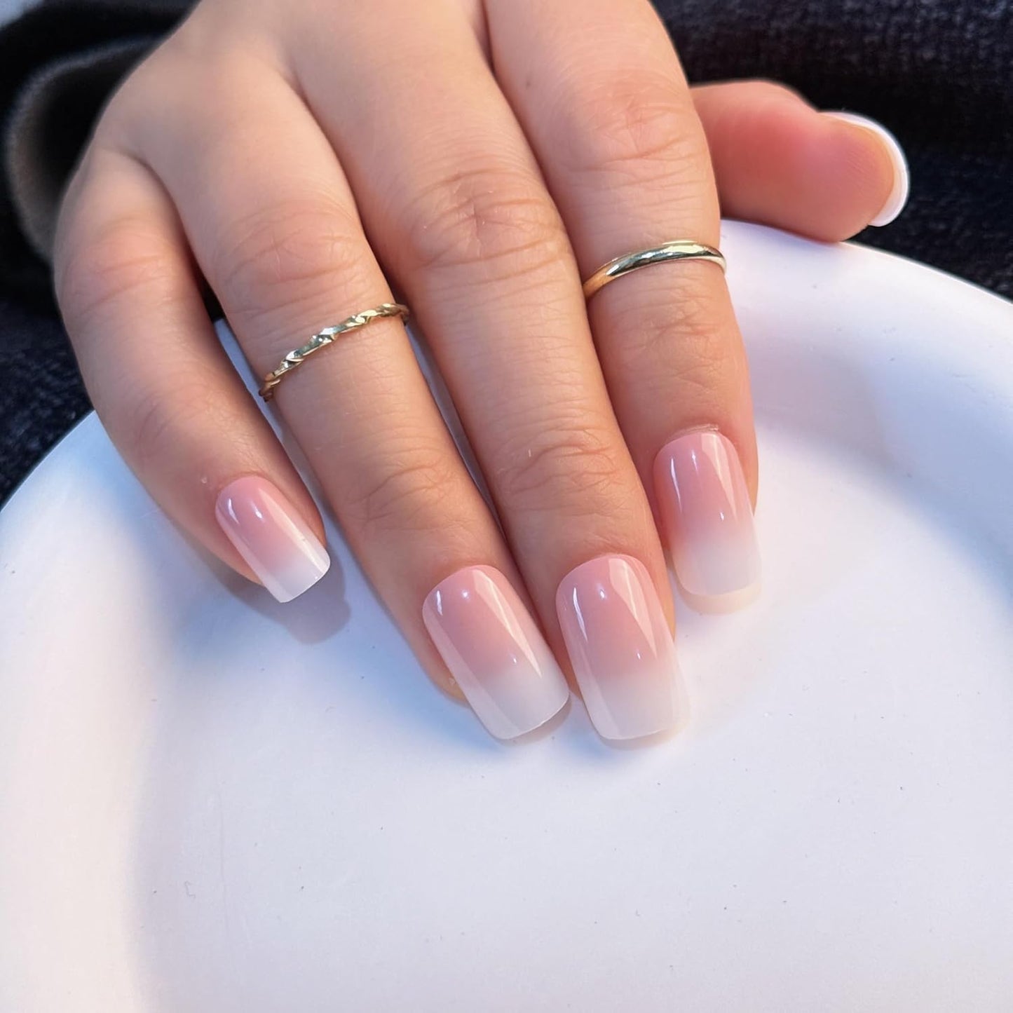 Ombre Press On Nails - 240Pcs Short Square Press on Nails, White Nail Tips Pink White Gradient Soft Gel False Nail Tips Salon Perfect Fake Nails Kit Extensions DIY (Short Square)