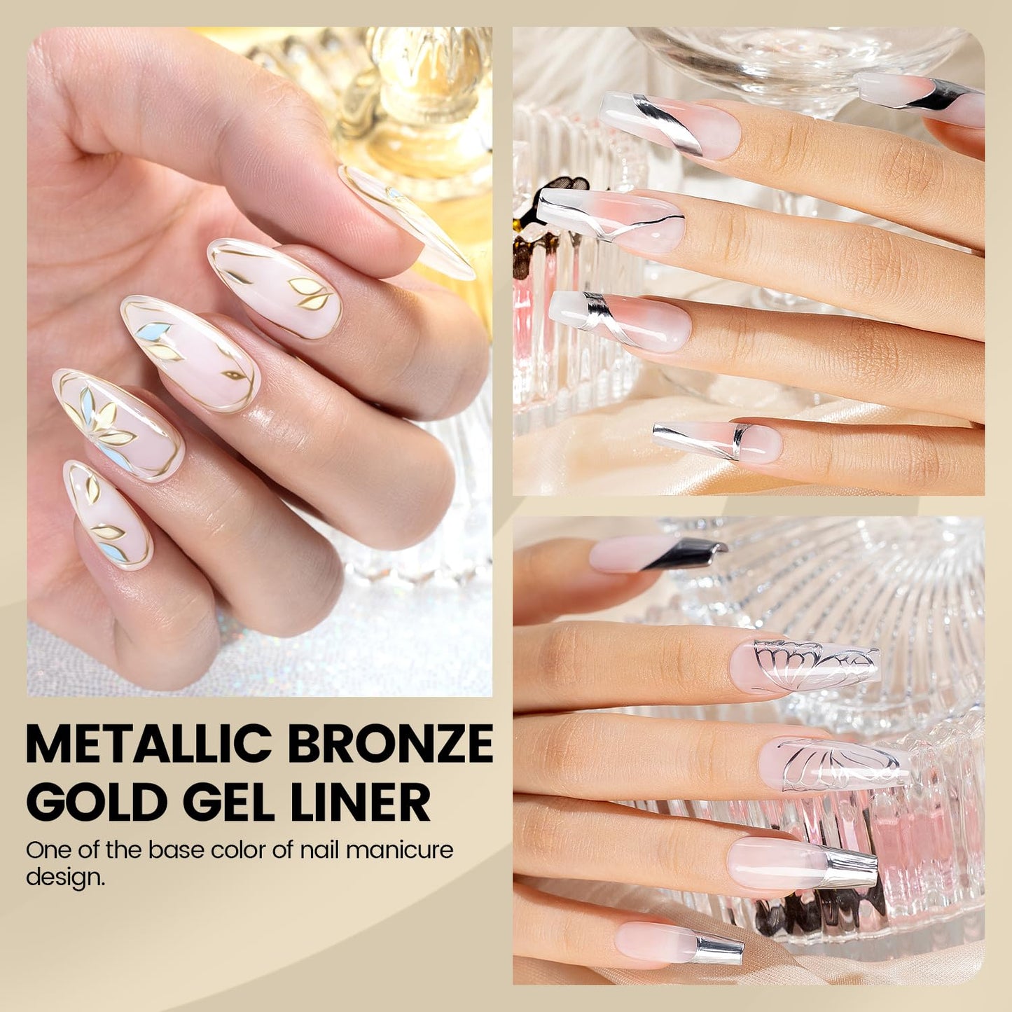 RARJSM Metallic Gel Liner Nail Art Silver Bronze Gold 2pcs Set Mirror Chrome 3D Effect Gel Nail Polish 8ml Build in Thin Brush Metal Painted Drawing Stripper Gelpolish Curing Requires for Home Salon