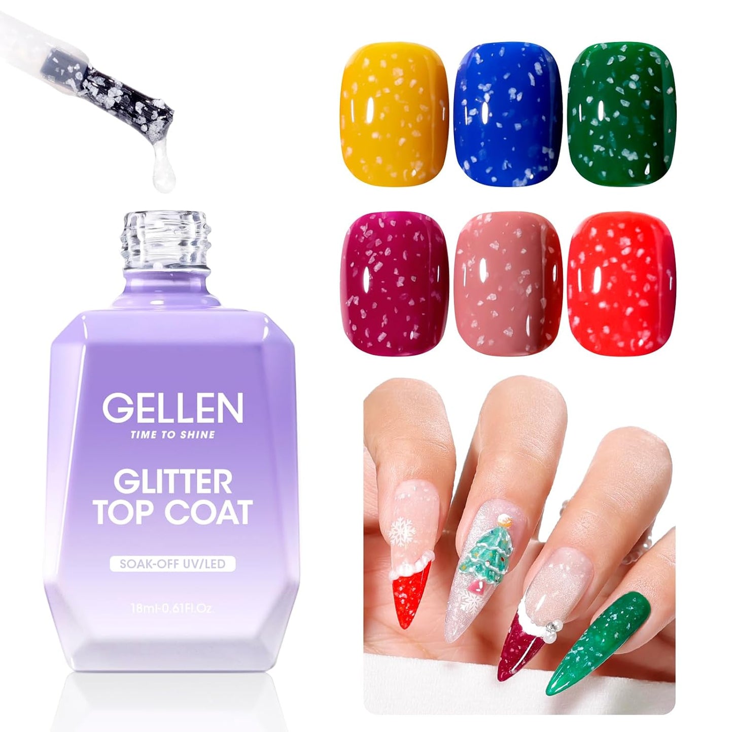 GELLEN Glitter Gel Top Coat, Snowflake Top Coat Nail Polish, Soak off Clear Glossy No Wipe Gel with Shimmer Finish, UV/LED Lamp Needed, Manicure Nail Art Gift for Halloween/Christmas/New Year
