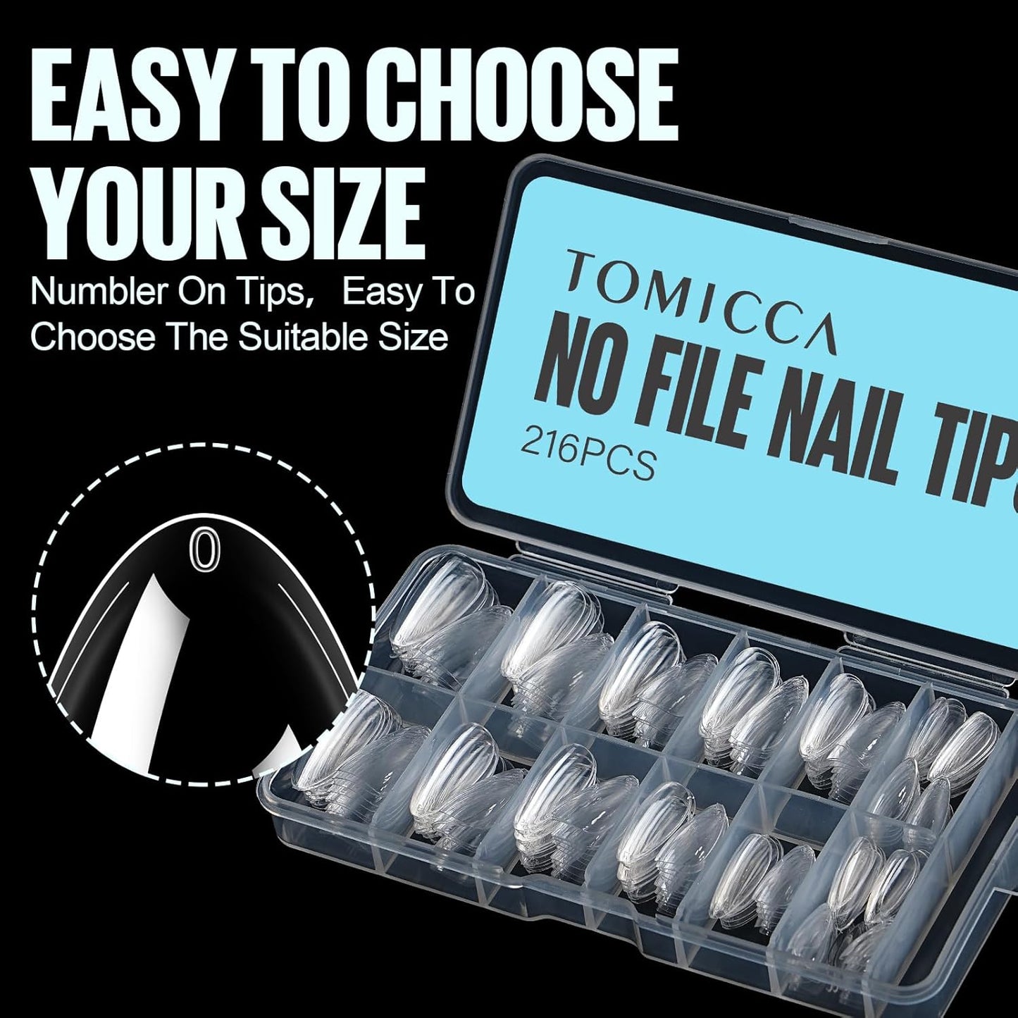 TOMICCA Almond Nail Tips, Medium Almond Acrylic Nail Tips, 216Pcs Full Cover Clear Nails, Nail Extension Tips for Nail salon and DIY at Home