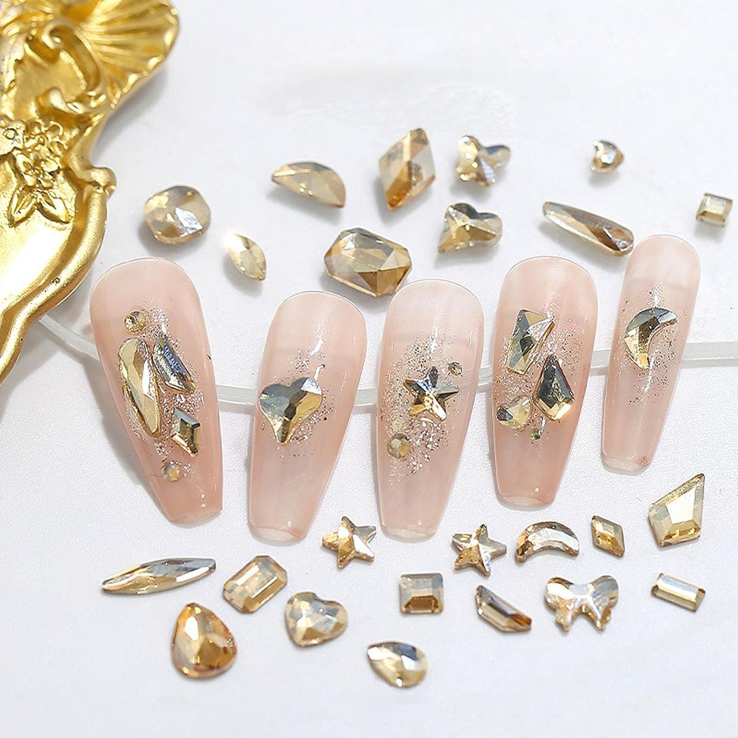 Nail Rhinestones Kit, 18 Types of 900 Special-Shaped Nail Diamonds + 3200 Flat-Bottomed Rhinestones, Champagne Crystals DIY Crafts Gold Gemstones for Nail Art Design