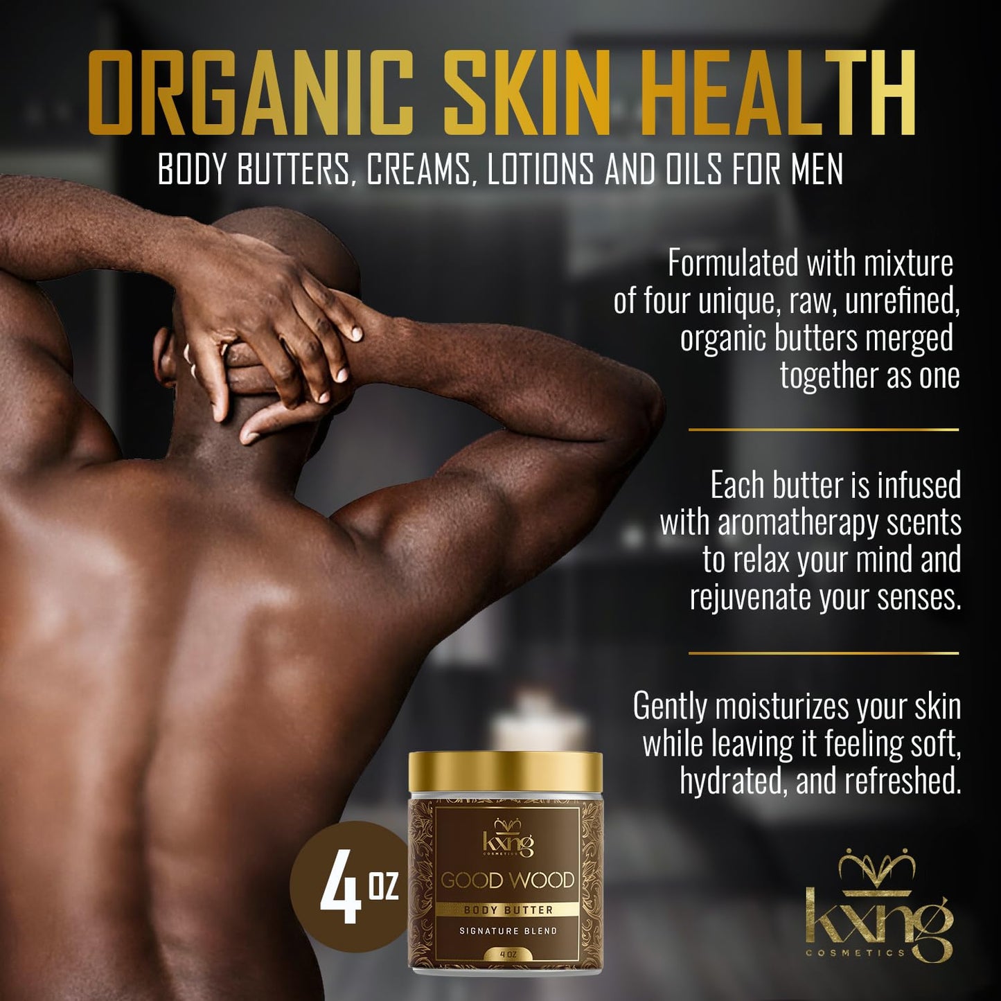 KXNG Cosmetics, Body Butter, Organic Skin Care for Men and Women, Body Moisturizer Lotions and Creams, Raw Shea Butter, Cocoa Butter, Mango, Coconut Oil, Hand, Foot, All Skin Types (Good Wood)