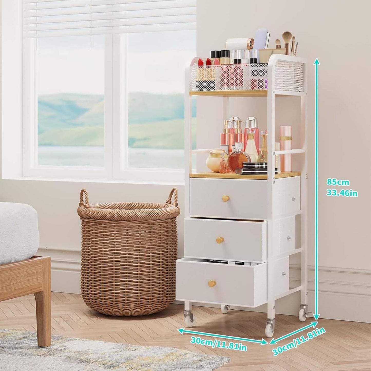 HapiRm Rolling Makeup Cart Organizer - Floor Skincare Make Up Storage with 3 Drawers, Vanity Organizer Cosmetic Display Cases Holder for Skin Care Perfume Nail Polish Brush Hair Tool