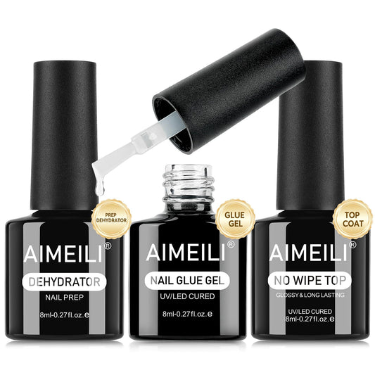 AIMEILI Nail Glue Gel with Top Coat and Prep Dehydrator 3 PCS, Hema Free, Cruelty Free, Vegan, Clear High Gloss Gel Nail Polish Long Lasting Nail Art
