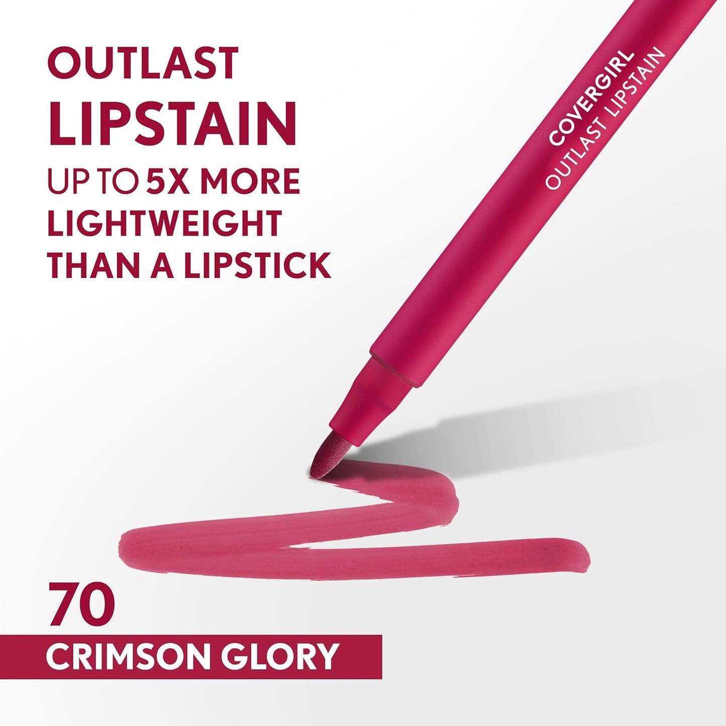 COVERGIRL Outlast, 70 Crimson Glory, Lipstain, Smooth Application, Precise Pen-Like Tip, Transfer-Proof, Satin Stained Finish, Vegan Formula, 0.06oz