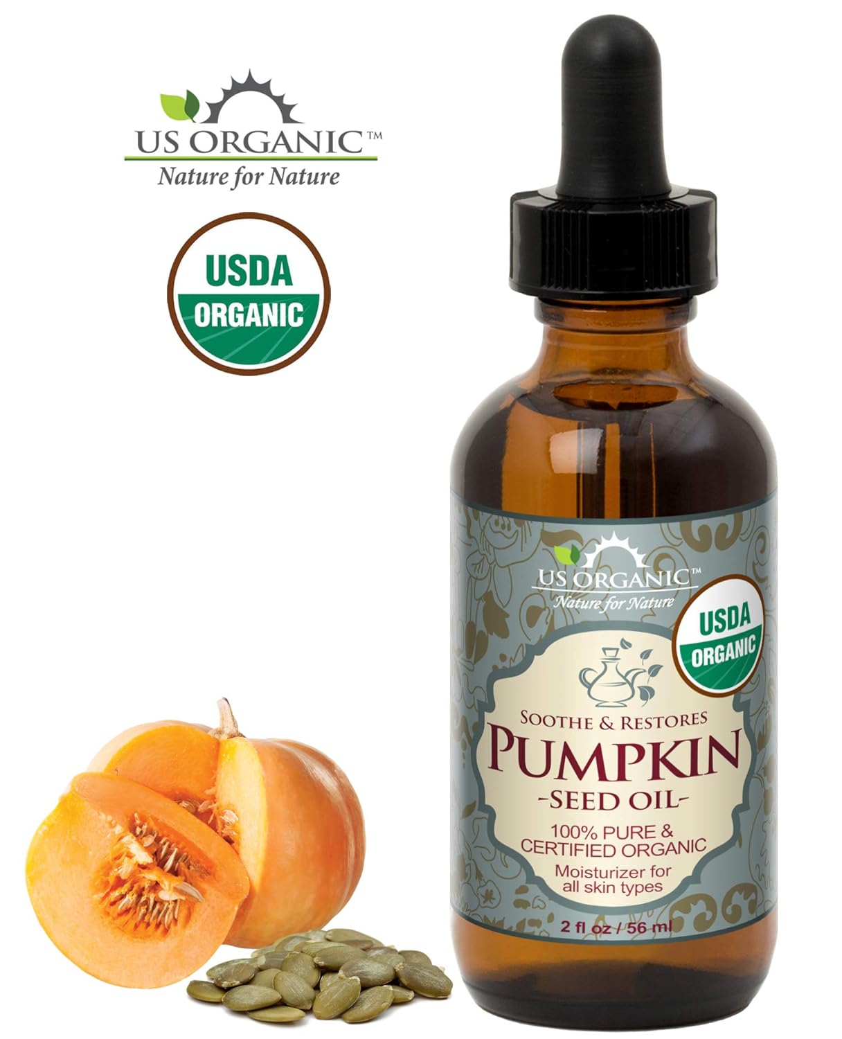 US Organic Pumpkin Seed Oil, USDA Certified Organic, Pure, Natural, Cold Pressed Virgin, Unrefined in Amber Glass Bottle w/Glass Eyedropper (Small (2 oz, 56 ml))